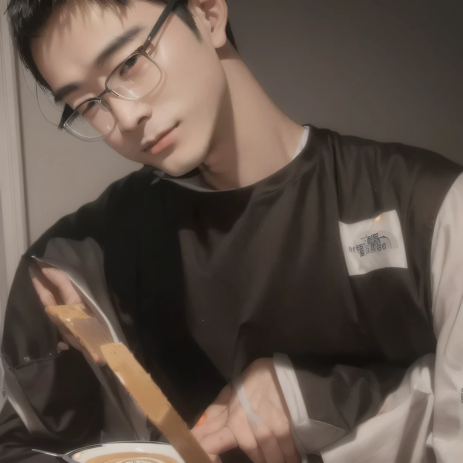 A man sitting at a table,There is a cup of coffee and a plate of food in front of me., Chinese Artists, Aesthetic lenses, yanjun chengt, Liu Zhixiong, High quality portrait, xintong chen, Inspired by Fei Danxu, wenjun lin, Inspired by Xiao Yuncong, Inspired by Ding Yunpeng, Medium Portrait, Mr. Jia, huifeng huang