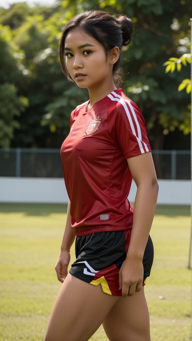 Gorgeous woman, twenty five years old, Indonesian, she is an athlete, wearing red soccer jersey/outfit, updo, outdoor soccer field