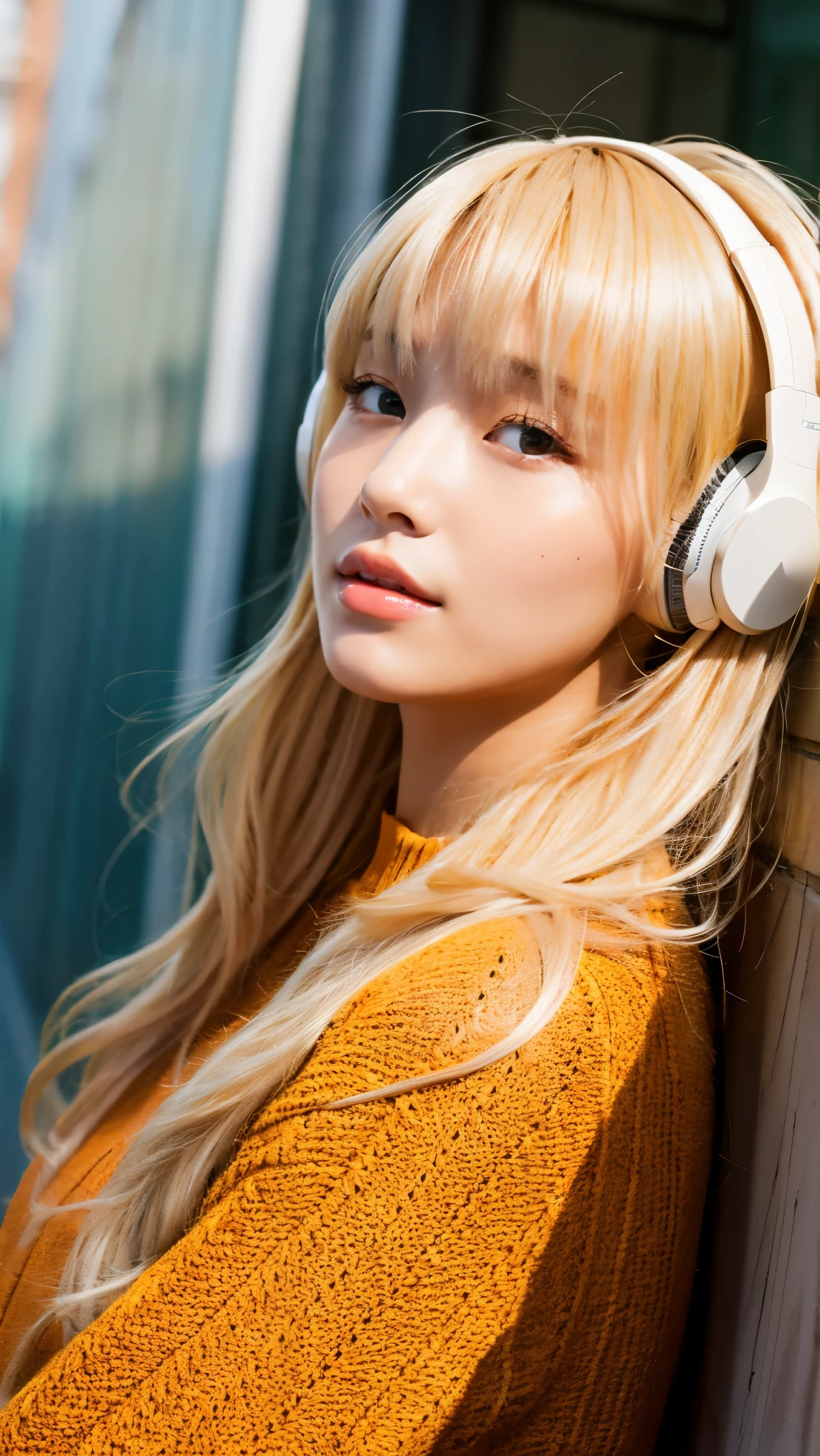 Blonde、With bangs、Korean Beauty、Single eyelid、Orange oversized outfit、casual、I put the headphones around my neck、