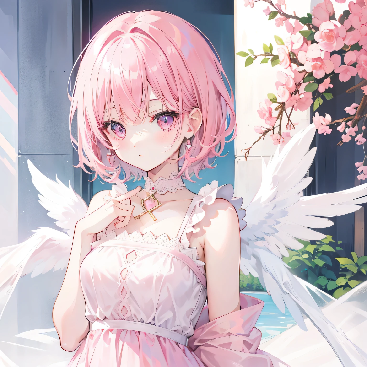 Transparent pink short hair,Wear a milky super light pink ,Pale pink eyes,Very cute sweet girl,Angel's wing