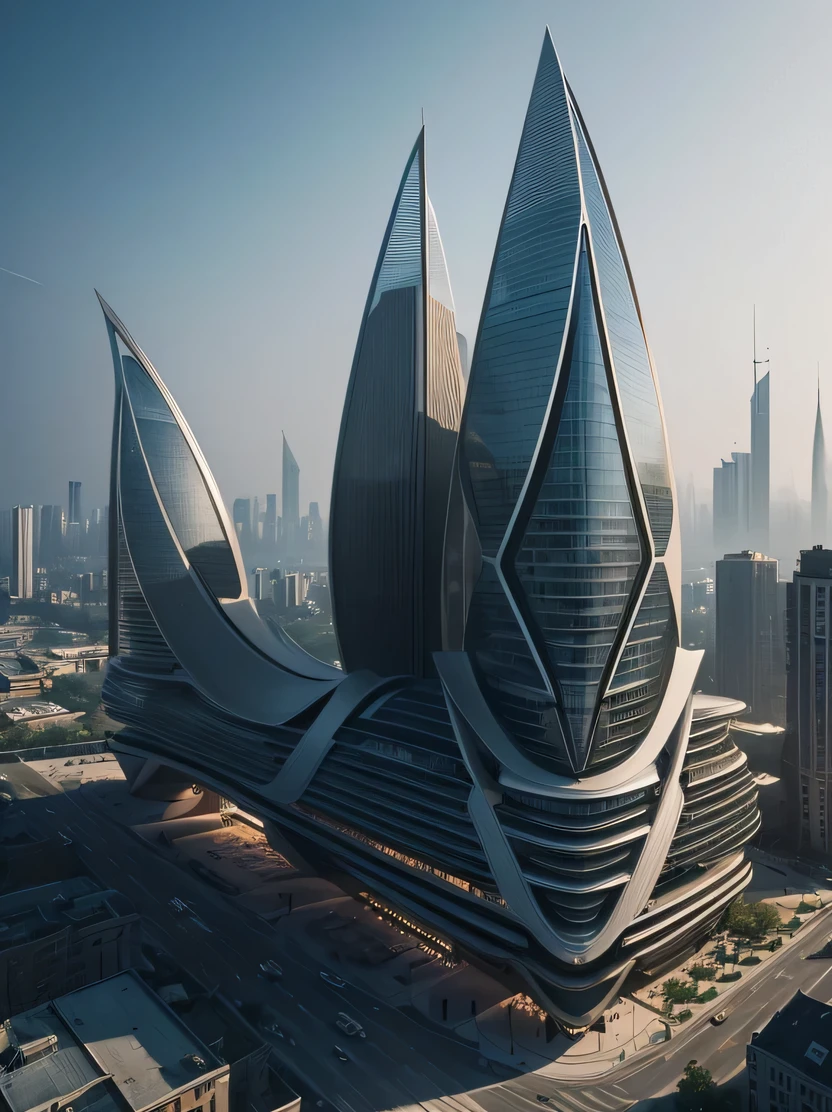 ((Masterpiece, top quality, highly detailed, high resolution, photorealistic, sharp focus, cinematic lighting)), high contrast, natural colors, one building, a beautiful building in the center of the image, designed by Zaha Hadid Futuristic city skyscrapers, futuristic buildings, walkways around buildings, imaginary world, fusion of future and past, hanging gardens of Babylon, future technology, architectural creativity, new culture, self-sufficiency, golden ratio, wide angle Photography, midday sunlight, clear air, SteampunkSchema