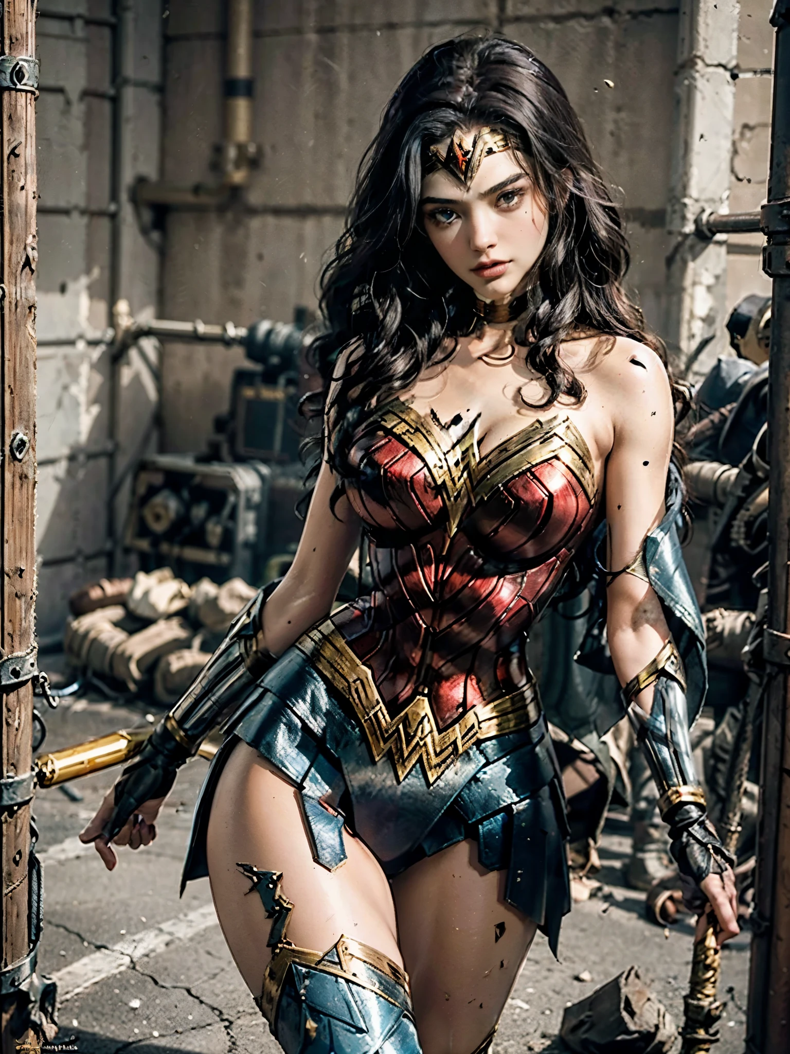 Usando color maravilla_Mujer_cosplay_Traje hecho_de_Fractales, robo, ladornes se preparan para disparar a wonder woman