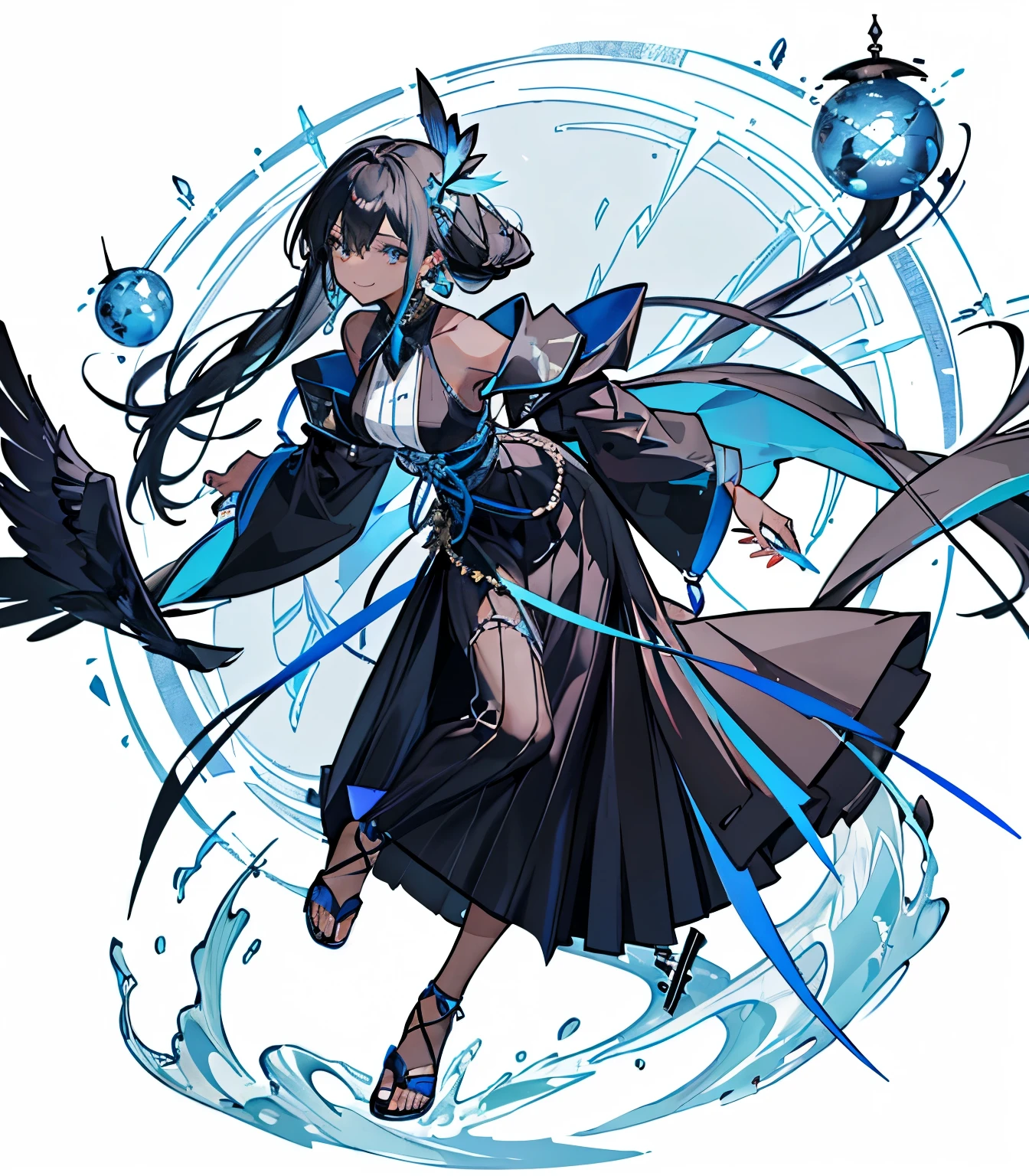 Black Hair, Black and blue bird-inspired hair, Blue inner hair、Long Hair, Bright Blue Eyes, Jewel Eyes, Short jumper, Black clothes、Arm ribbon、Shoulder clothes, blue Earrings, 羽を模したEarrings、Earrings, Sandals, Sandals, Dignified, high quality, Depth of written boundary, Beautiful woman, Long skirt, Mesh fabric skirt,A cool black and blue skirt、 (Long skirt), Blue feathers、(Long skirt:1.2)、Cool skirt composition、Cool smile、Dark Skin、Costumes with lots of strings hanging down、Black and Blue Theme、Blue feathersが飛び散る、Cool effects、Fantasy、Black women、Black Skin