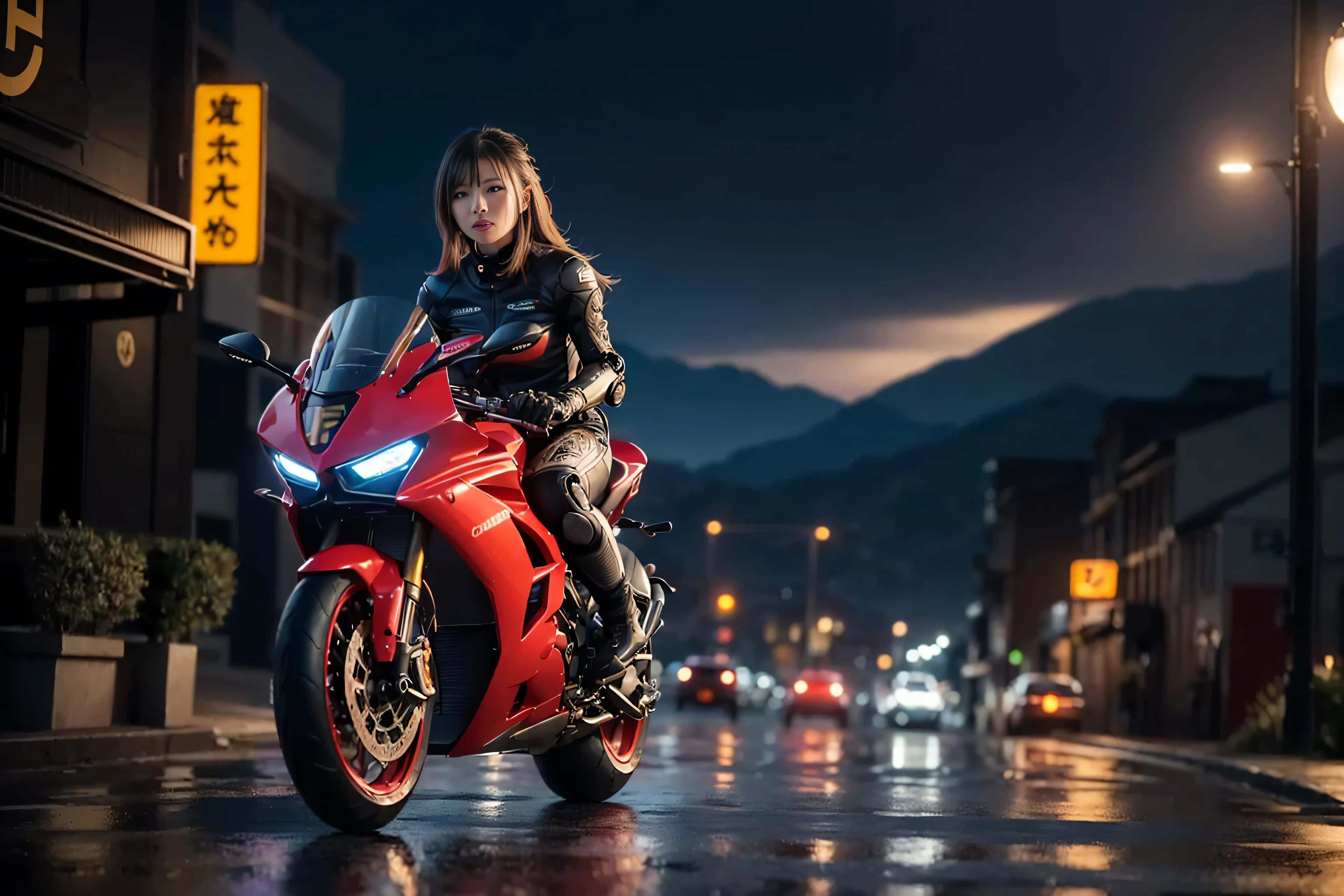 (RAW quality:1.4), masterpiece, highest quality, High resolution, dark_Fantasy, cyber punk, (Sword Weapons,red:1.1),1 person, Japanese women, , mechanical,Robotic presence,Cybernetic Guardian, darkness, Night city background, at night, cyber punk mecha humanoid black and red is riding a futuristic Ducati Panigale V4 race motorcycle on a mountain road at night, Realistic Style, Inspired by Blade Runner, Dark and dramatic lighting, Red and Black Theme, Central curve composition, Front view. (An ultra-fine masterpiece:1.5), (beautifuly intricate:1.5), (highest quality:1.5), (beautiful + beautiful + Harmonious:1.5), (Highly detailed face, Ultra-detailed eyes, Highly detailed mouth, Super-detailed body, Very fine needles, Very elaborate clothing, Ultra-detailed landscapes:1.5), (Sharpen details:1.2), Blurred Background, Shallow subject depth,