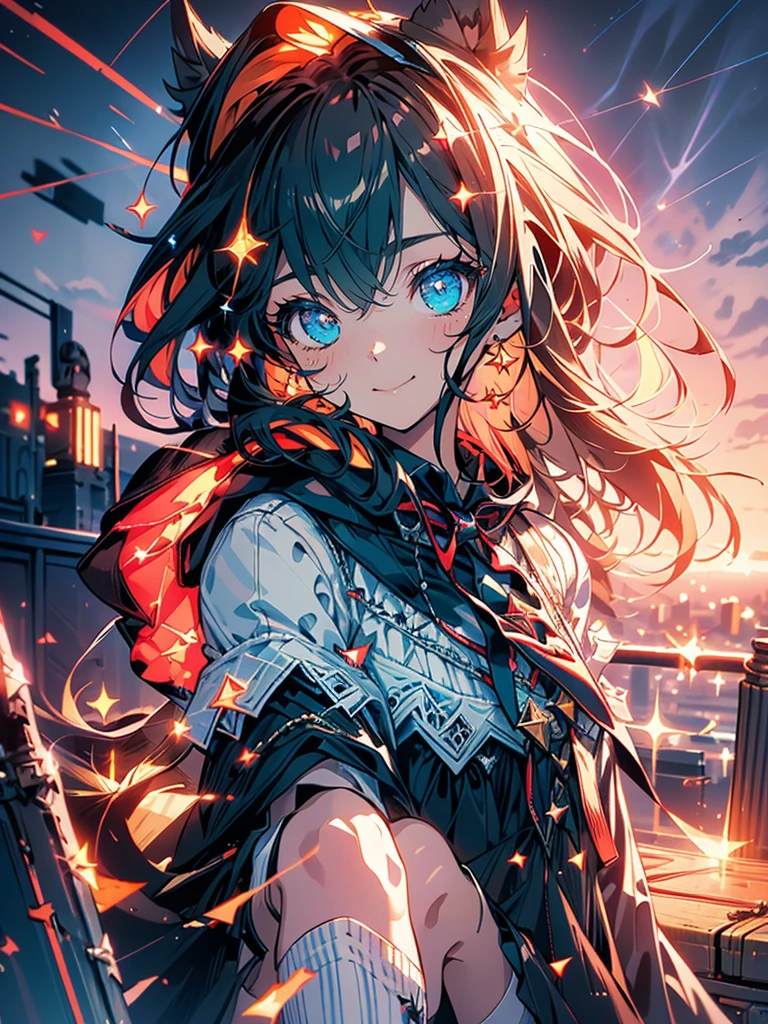 cute ruffle dress, Fine frills, ribbon, cat ears hooded cape, red hood, put the hood over your head, horizontal striped overknee socks, platform boots, Lunch basket, naughty smile, detailed face and eyes, masterpiece, highest quality, Super detailed, starry sky, night view, sunset,brown hair.(Mossy buildings),(collapsed cityscape),