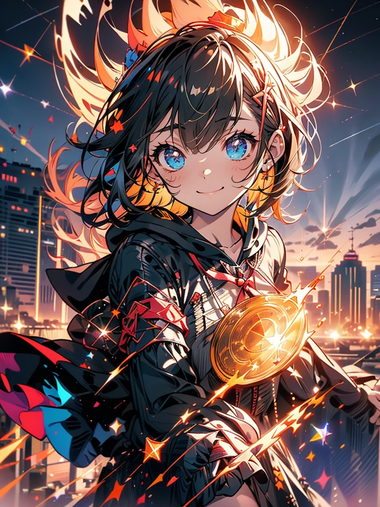 cute ruffle dress, Fine frills, ribbon, cat ears hooded cape, red hood, put the hood over your head, horizontal striped overknee socks, platform boots, Lunch basket, naughty smile, detailed face and eyes, masterpiece, highest quality, Super detailed, starry sky, night view, sunset,brown hair.(Mossy buildings),(collapsed cityscape),
