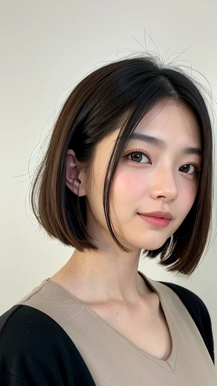 (((Close-up of face)))、(((Absolutely shoulder-length brown straight short bob)))、(((She is posing like a hair salon model, with a black wall indoors as the background.)))、(((Casual black winter long sleeves with shoulders covered)))、Half Japanese, half Korean、18 year old girl、Standing Alone、Looking forward、Light eye makeup、Brown Hair Color、Flat and 、Hair blowing in the wind、Actress Quality、Glossy, ultra-realistic face、Smiling face、Watery eyes、Gazing Up、Subtle lighting effects、 Ultra-Realistic Capture、Very detailed、High resolution 16K close up of human skin。Skin texture must be natural、The details must be such that pores can be clearly seen、The skin is healthy、Uniform tone、Use natural light and colors、A worn-out, high-quality photo taken by a model agency's in-house photographer.、smile、(((SIGMA 300 mm F/1.4,1/1000 sec shutter,ISO 400)))