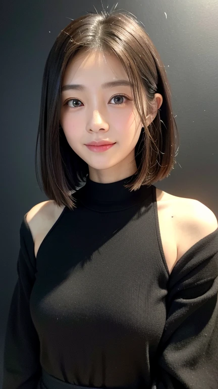 (((Close-up of face)))、(((Absolutely shoulder-length brown straight short bob)))、(((She is posing like a hair salon model, with a black wall indoors as the background.)))、(((Casual black winter long sleeves with shoulders covered)))、Half Japanese, half Korean、18 year old girl、Standing Alone、Looking forward、Light eye makeup、Brown Hair Color、Flat and 、Hair blowing in the wind、Actress Quality、Glossy, ultra-realistic face、Smiling face、Watery eyes、Gazing Up、Subtle lighting effects、 Ultra-Realistic Capture、Very detailed、High resolution 16K close up of human skin。Skin texture must be natural、The details must be such that pores can be clearly seen、The skin is healthy、Uniform tone、Use natural light and colors、A worn-out, high-quality photo taken by a model agency&#39;s in-house photographer.、smile、(((SIGMA 300 mm F/1.4,1/1000 sec shutter,ISO 400))) 