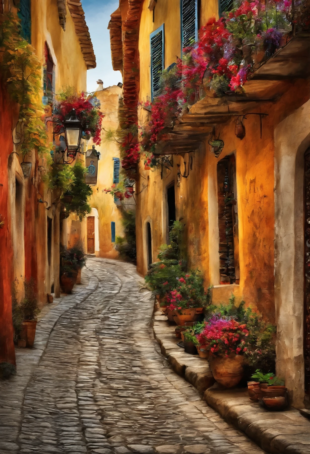 Charming cobblestone streets,Lined with quirky shops and cafes, Each façade of the building is painted with extravagant and vibrant murals,Cenas que retratam o folclore e a cultura local, Joy and artistic energy radiate from every corner, mixed media collage, Fotografia combinada com pintura digital