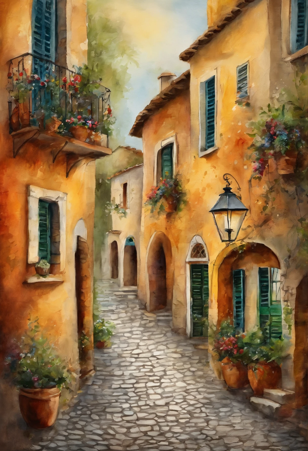 Charming cobblestone streets，Lined with quirky shops and cafes, Each façade of the building is painted with extravagant and vibrant murals，Cenas que retratam o folclore e a cultura local, Joy and artistic energy radiate from every corner, mixed media collage, Fotografia combinada com pintura digital