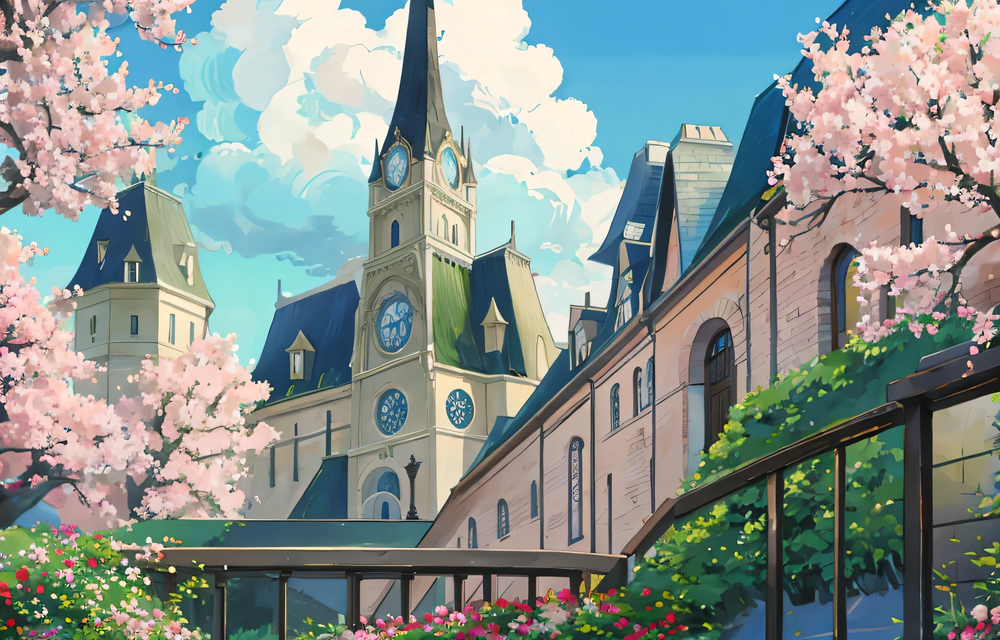 Castle School,white gold color, luxurious, surrounded by flowers, Fantasy , The hair fell out a little., elegantly