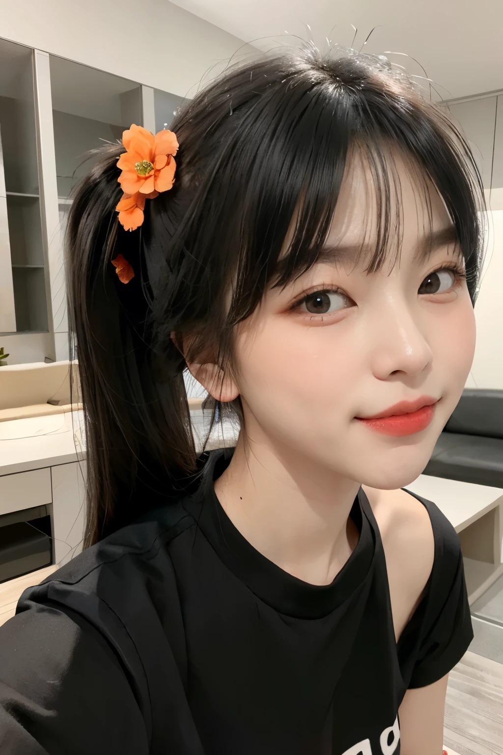 single eyelid、Wearing black clothes、Casual Coordination、Black Hair、Korean Beauty、Twin tails、Orange Cheek