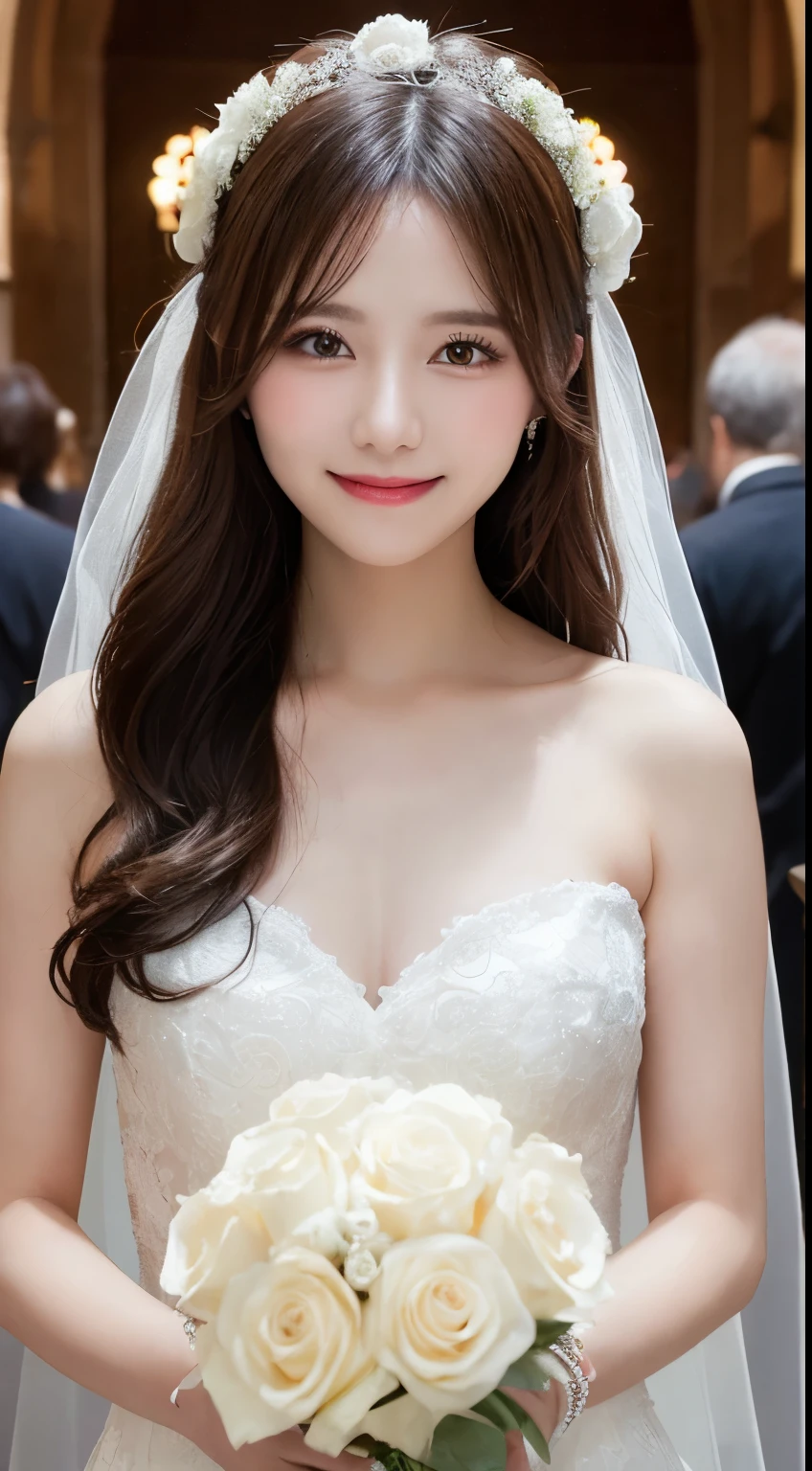 Tabletop, highest quality, figure, Very detailed, In detail, High resolution, 8k wallpaper, Perfect dynamic composition, Beautiful fine details, Wedding dress,Medium Hair, Center of chest, Natural color lip, Random sexy poses,smile,Chapel，White roses bouquet，