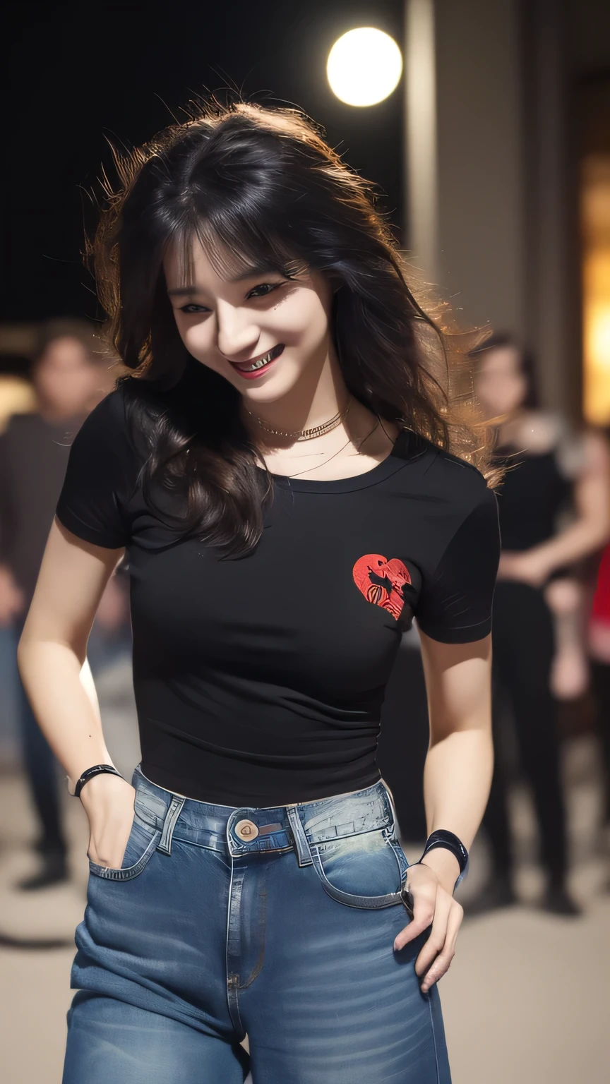 最high quality、Best image quality、masterpiece、girl((18-year-old、 By becoming、Best Bust、Medium Bust,Wide open breast tea、Red glowing eyes,Black Hair、Red Mesh、Disheveled Hair、Lointail、thin,The highest valley、Open chest、Luminous Wristbands、hair ornaments、Show the whole body,Black short sleeve T-shirt、Short denim trousers、Leaning forward、smile、Holding a guitar、Performance、sing)),high quality、Beautiful art、background((Large shopping malls,Street Museum))、Flight、Flying debris、Written boundary depth、movie、Visual Arts、Perfect art、8K,Genuine,