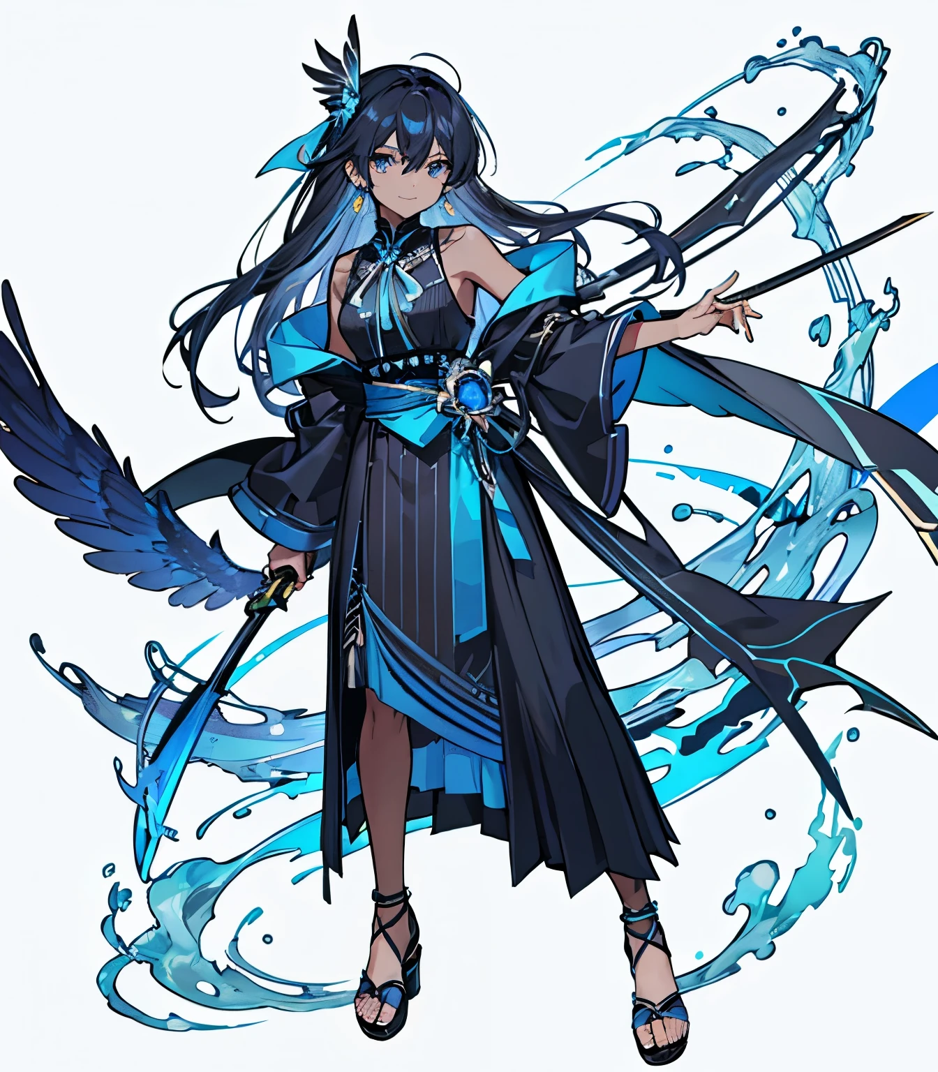 Black Hair, Black and blue bird-inspired hair, Blue inner hair、Long Hair, Bright Blue Eyes, Jewel Eyes, Short jumper, Black clothes、Arm ribbon、Shoulder clothes, blue Earrings, 羽を模したEarrings、Earrings, Sandals, Sandals, Dignified, high quality, Depth of written boundary, Beautiful woman, Long skirt, Mesh fabric skirt,A cool black and blue skirt、  (Long skirt), Blue feathers、(Long skirt:1.2)、Cool skirt composition、Cool smile、Dark Skin、Costumes with lots of strings hanging down、Black and Blue Theme、Blue feathersが飛び散る、Cool effects、Fantasy、Black women、Black Skin、Wear a sword on your waist、Carrying a sword、Black Sword、Sword with blue ribbon