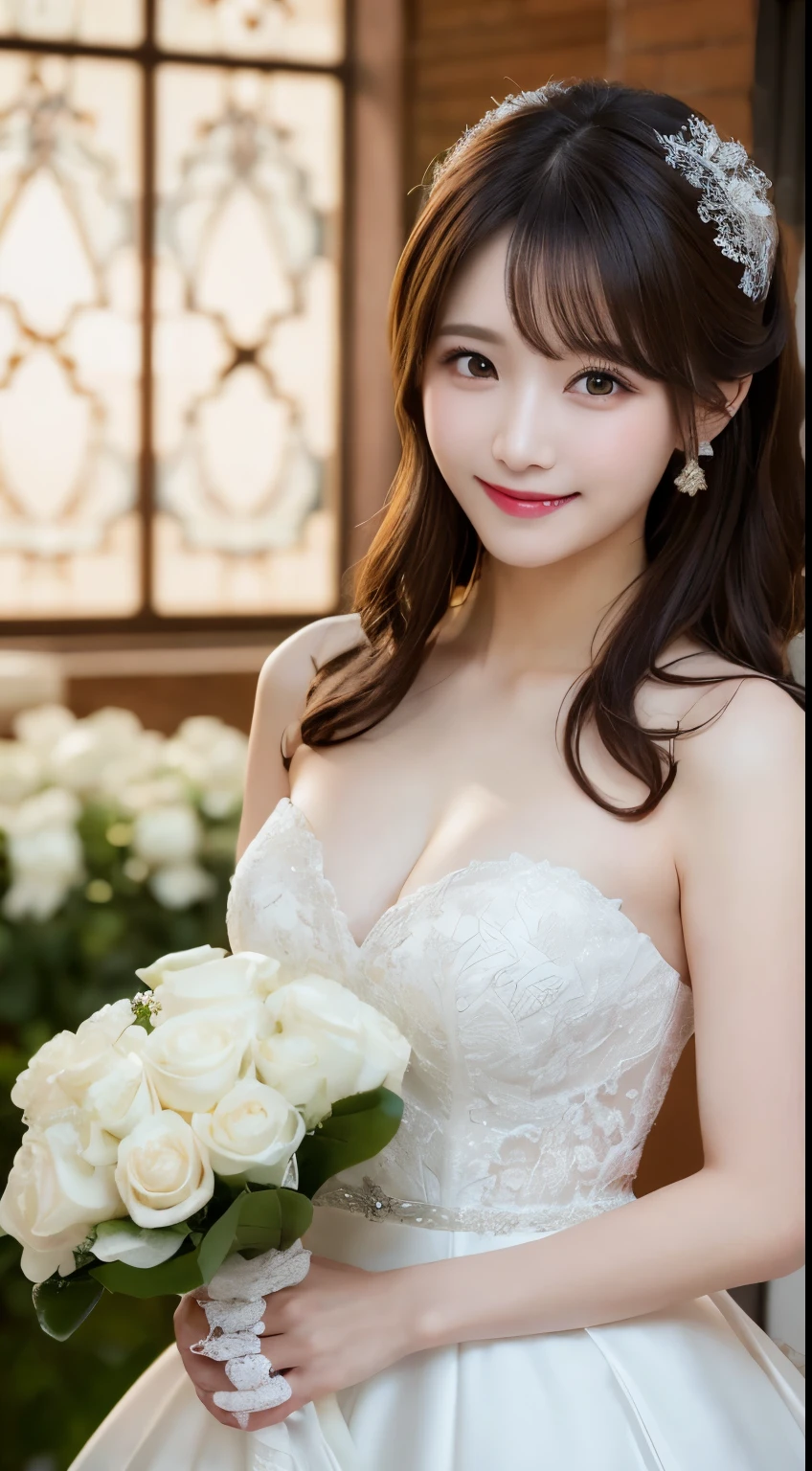 Tabletop, highest quality, figure, Very detailed, In detail, High resolution, 8k wallpaper, Perfect dynamic composition, Beautiful fine details, Wedding dress,Medium Hair, Center of chest, Natural color lip, Random sexy poses,smile,Chapel,White roses bouquet,