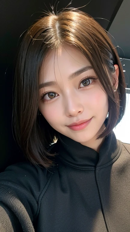 (((Close-up of face)))、(((Absolutely shoulder-length brown straight short bob)))、(((She is posing like a hair salon model, with a black wall indoors as the background.)))、(((Casual black winter long sleeves with shoulders covered)))、Half Japanese, half Korean、18 year old girl、Standing Alone、Looking forward、Light eye makeup、Brown Hair Color、Flat and 、Hair blowing in the wind、Actress Quality、Glossy, ultra-realistic face、Smiling face、Watery eyes、Gazing Up、Subtle lighting effects、 Ultra-Realistic Capture、Very detailed、High resolution 16K close up of human skin。Skin texture must be natural、The details must be such that pores can be clearly seen、The skin is healthy、Uniform tone、Use natural light and colors、A worn-out, high-quality photo taken by a model agency&#39;s in-house photographer.、smile、(((SIGMA 300 mm F/1.4,1/1000 sec shutter,ISO 400))) 