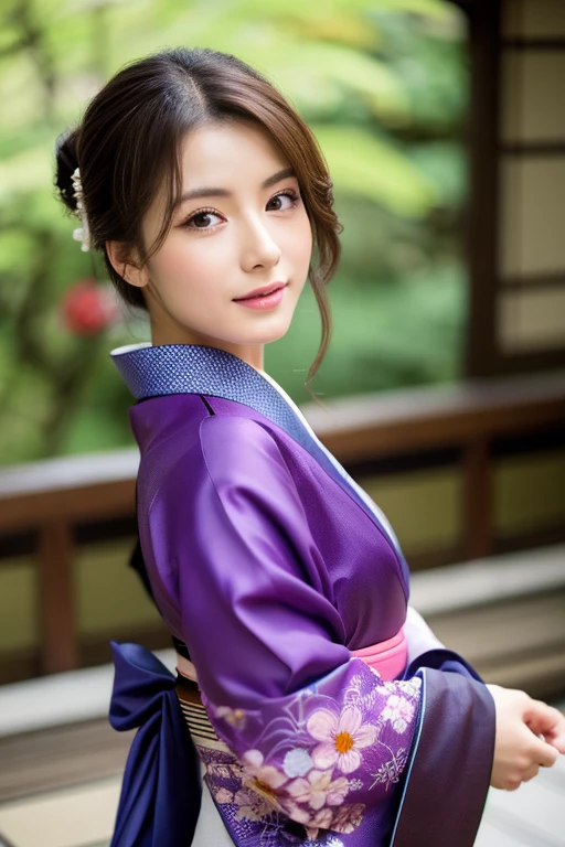 highest quality，High resolution，masterpiece：1.3），Tall and beautiful woman，frontage，Dark brown hair tied up high，kimono,　Purple Kyoto Yuzen,kimono，The collar is tightly closed so that the chest is not visible.,　background is kyoto，Beautifully expresses the fine details of the face and skin texture，Attractive eyes，double eyelid,　A gorgeous woman,