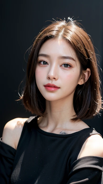 (((Close-up of face)))、(((Absolutely shoulder-length brown straight short bob)))、(((She is posing like a hair salon model, with a black wall indoors as the background.)))、(((Casual black winter long sleeves with shoulders covered)))、Half Japanese, half Korean、18 year old girl、Standing Alone、Looking forward、Light eye makeup、Brown Hair Color、Flat and 、Hair blowing in the wind、Actress Quality、Glossy, ultra-realistic face、Smiling face、Watery eyes、Gazing Up、Subtle lighting effects、 Ultra-Realistic Capture、Very detailed、High resolution 16K close up of human skin。Skin texture must be natural、The details must be such that pores can be clearly seen、The skin is healthy、Uniform tone、Use natural light and colors、A worn-out, high-quality photo taken by a model agency&#39;s in-house photographer.、smile、(((SIGMA 300 mm F/1.4,1/1000 sec shutter,ISO 400))) 