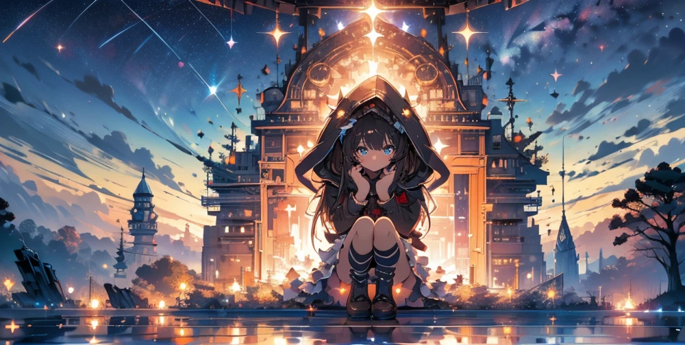 cute ruffle dress, Fine frills, ribbon, cat ears hooded cape, red hood, put the hood over your head, horizontal striped overknee socks, platform boots, Lunch basket, naughty smile, detailed face and eyes, masterpiece, highest quality, Super detailed, starry sky, night view, sunset,brown hair.(Mossy buildings),(collapsed cityscape),