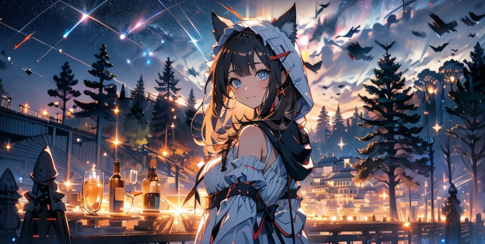 cute ruffle dress, Fine frills, ribbon, cat ears hooded cape, red hood, put the hood over your head, horizontal striped overknee socks, platform boots, Lunch basket, naughty smile, detailed face and eyes, masterpiece, highest quality, Super detailed, starry sky, night view, sunset,brown hair.(Mossy buildings),(collapsed cityscape),