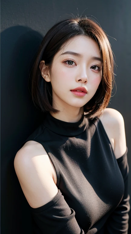 (((Close-up of face)))、(((Absolutely shoulder-length brown straight short bob)))、(((She is posing like a hair salon model, with a black wall indoors as the background.)))、(((Casual black winter long sleeves with shoulders covered)))、Half Japanese, half Korean、18 year old girl、Standing Alone、Looking forward、Light eye makeup、Brown Hair Color、Flat and 、Hair blowing in the wind、Actress Quality、Glossy, ultra-realistic face、Smiling face、Watery eyes、Gazing Up、Subtle lighting effects、 Ultra-Realistic Capture、Very detailed、High resolution 16K close up of human skin。Skin texture must be natural、The details must be such that pores can be clearly seen、The skin is healthy、Uniform tone、Use natural light and colors、A worn-out, high-quality photo taken by a model agency&#39;s in-house photographer.、smile、(((SIGMA 300 mm F/1.4,1/1000 sec shutter,ISO 400))) 