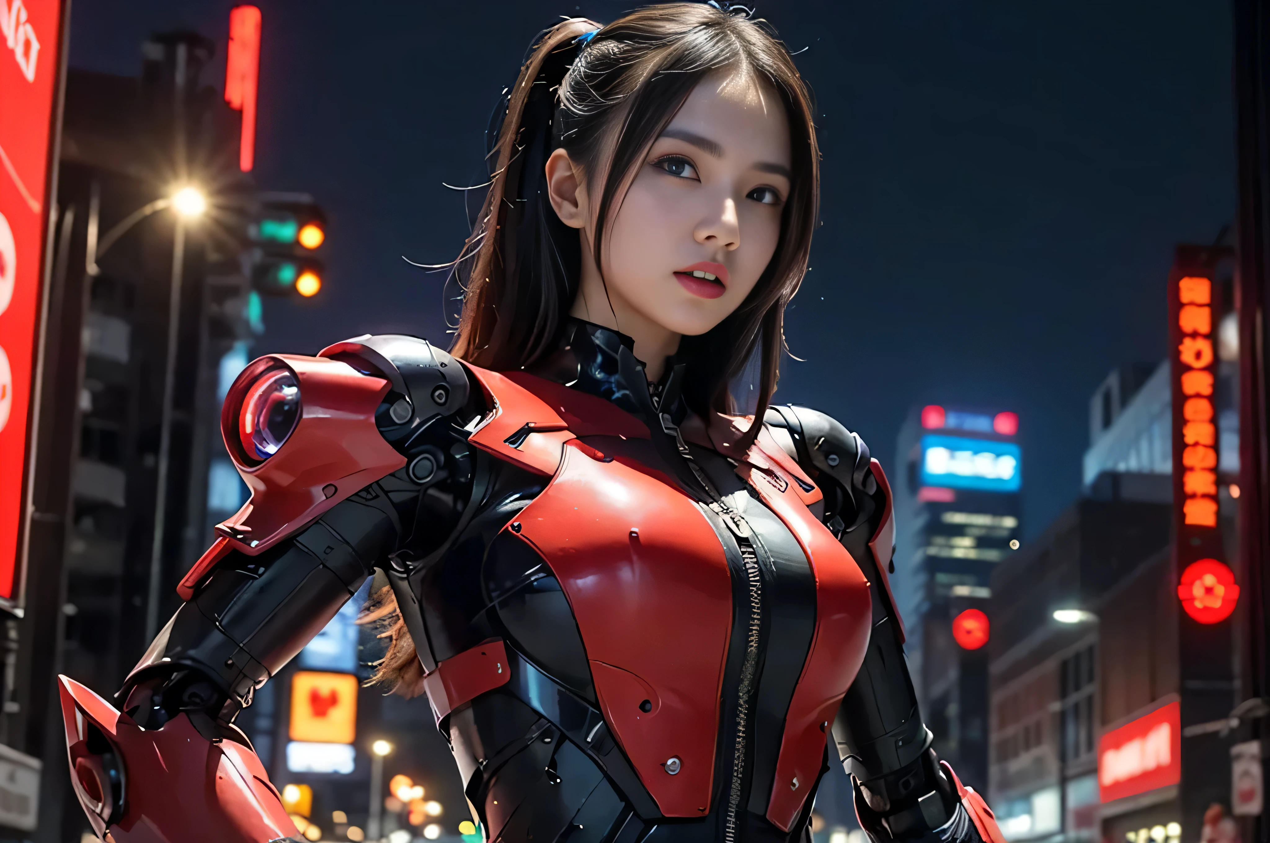 (RAW quality:1.4), masterpiece, highest quality, High resolution, dark_Fantasy, cyber punk, (Sword Weapons,red:1.1),1 person, Japanese women, 14 years old, mechanical,Robotic presence,Cybernetic Guardian, darkness, Night city background, at night, cyber punk mecha humanoid black and red  is riding  a futuristic Ducati Panigale V4 race motorcycle on a mountain road at night, Realistic Style, Inspired by Blade Runner, Dark and dramatic lighting, Red and Black Theme, Central curve composition, Front view. (An ultra-fine masterpiece:1.5), (beautifuly intricate:1.5), (highest quality:1.5), (beautiful + beautiful + Harmonious:1.5), (Highly detailed face, Ultra-detailed eyes, Highly detailed mouth, Super-detailed body, Very fine needles, Very elaborate clothing, Ultra-detailed landscapes:1.5), (Sharpen details:1.2), Blurred Background, Shallow subject depth,