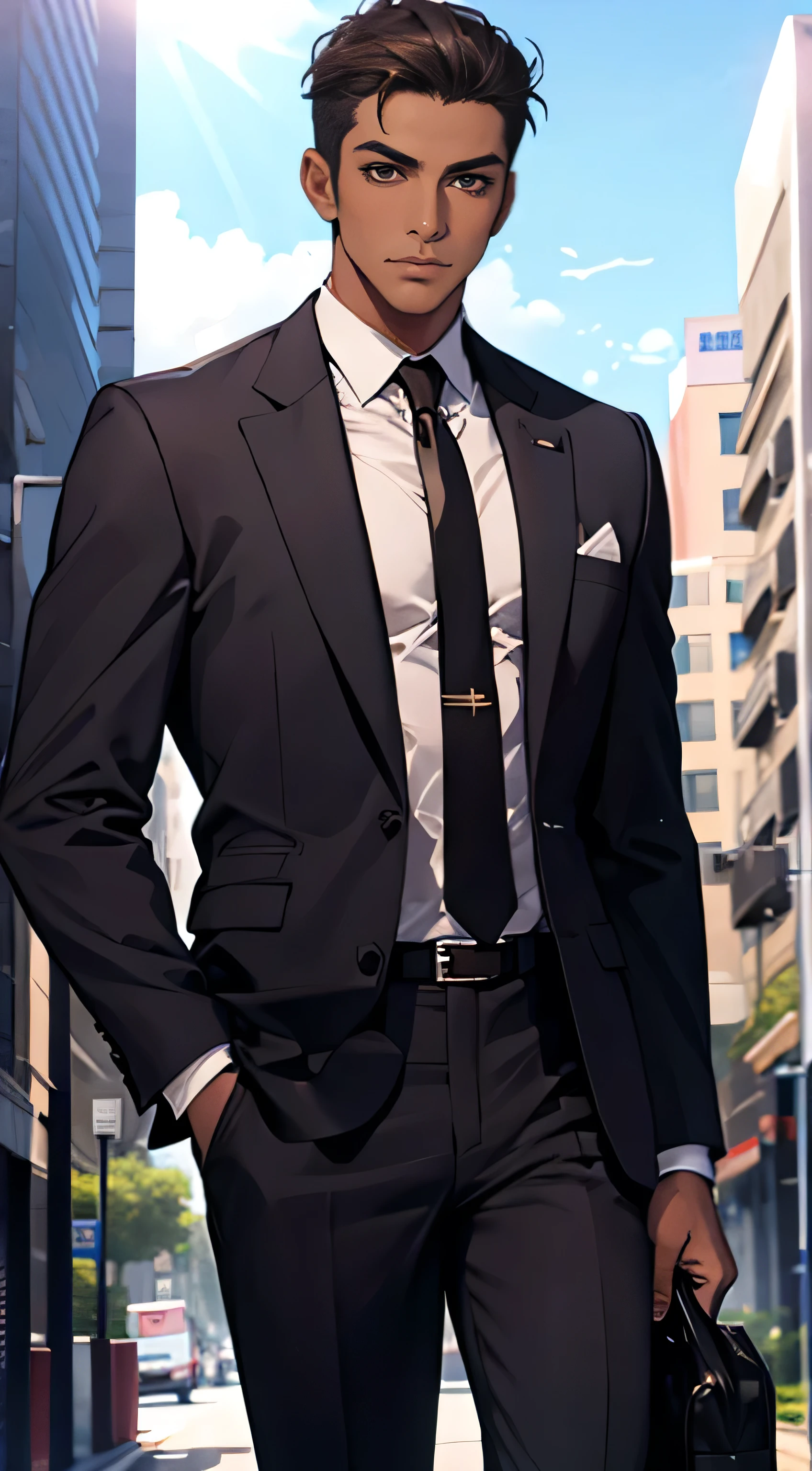 Man news reporter, wearing suit, brown skin