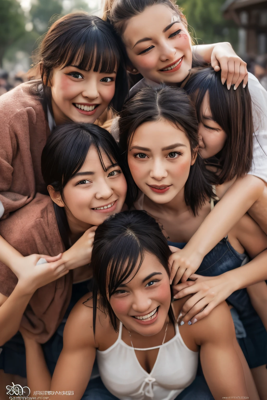 highest quality, masterpiece, Detailed skin texture, Detailed cloth texture, Detailed face, Super Detail, 8K, Intricate details, a cute girl offering a piggyback ride to 20 cute girls, crouching down, whole bodies, riding on a back, pile on, pile up, human tower, a lot of girls wanting to ride