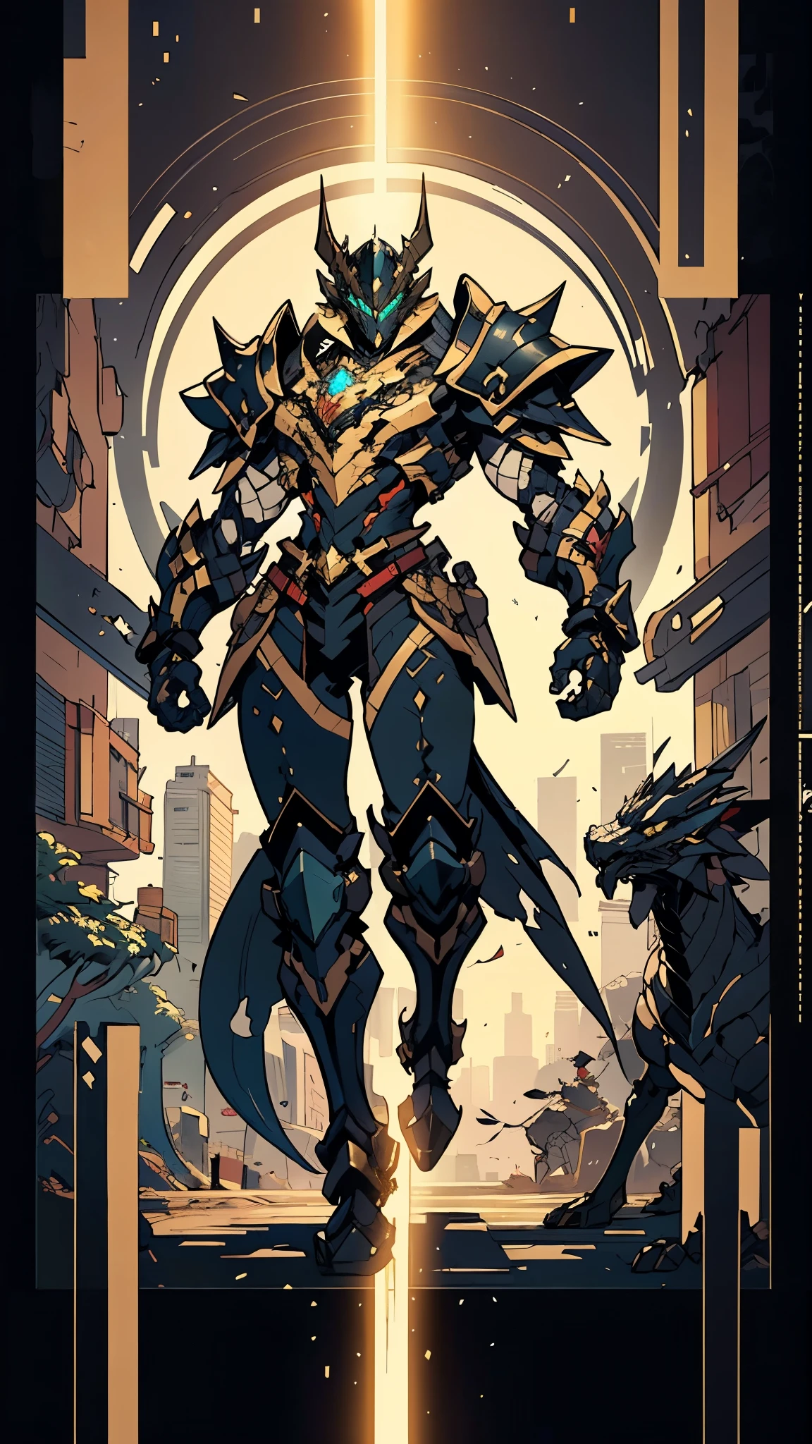 A man wearing a full-face helmet, a fantasy-style biomecha armored combat suit, green eyes, a composite layered chest armor, fully enclosed shoulder guards, matching arm and leg guards, the belt is adorned with dragon claw grasping orbs, primarily black with red accents, the design balances heavy with agility, a high-tech biological armor, (concept inspired by dragons, stand on the top of a skyscraper in a futuristic sci-fi city), this character embodies a finely crafted fantasy-surreal style armored hero in anime style, exquisite and mature manga art style, ((male:1.5, element, plasma, energy, the armor glows)), metallic, real texture material, dramatic, high definition, best quality, highres, ultra-detailed, ultra-fine painting, extremely delicate, professional, perfect body proportions, golden ratio, anatomically correct, symmetrical face, extremely detailed eyes and face, high quality eyes, creativity, RAW photo, UHD, 32k, Natural light, cinematic lighting, masterpiece-anatomy-perfect, masterpiece:1.5