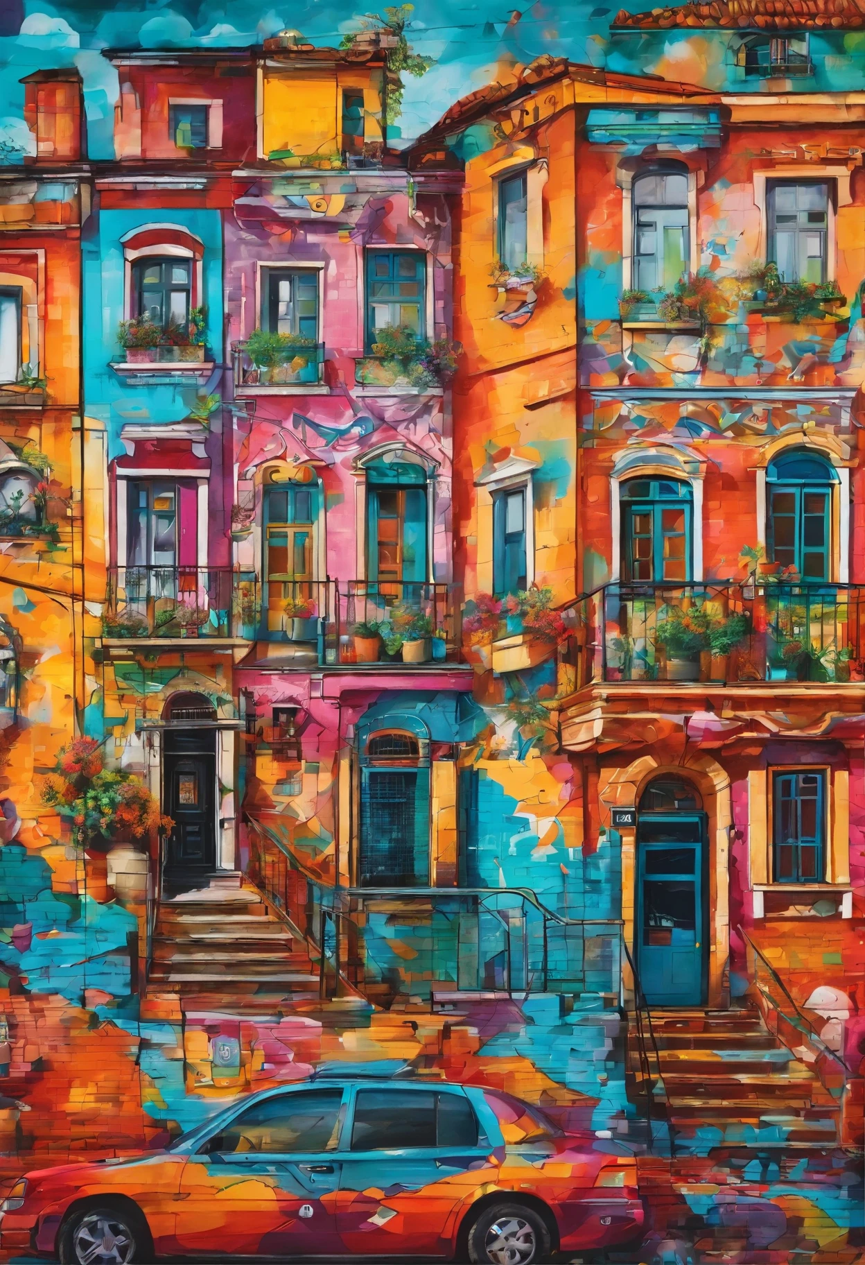 Charming cobblestone streets,Lined with quirky shops and cafes, Each façade of the building is painted with extravagant and vibrant murals,Cenas que retratam o folclore e a cultura local, Joy and artistic energy radiate from every corner, mixed media collage, Fotografia combinada com pintura digital