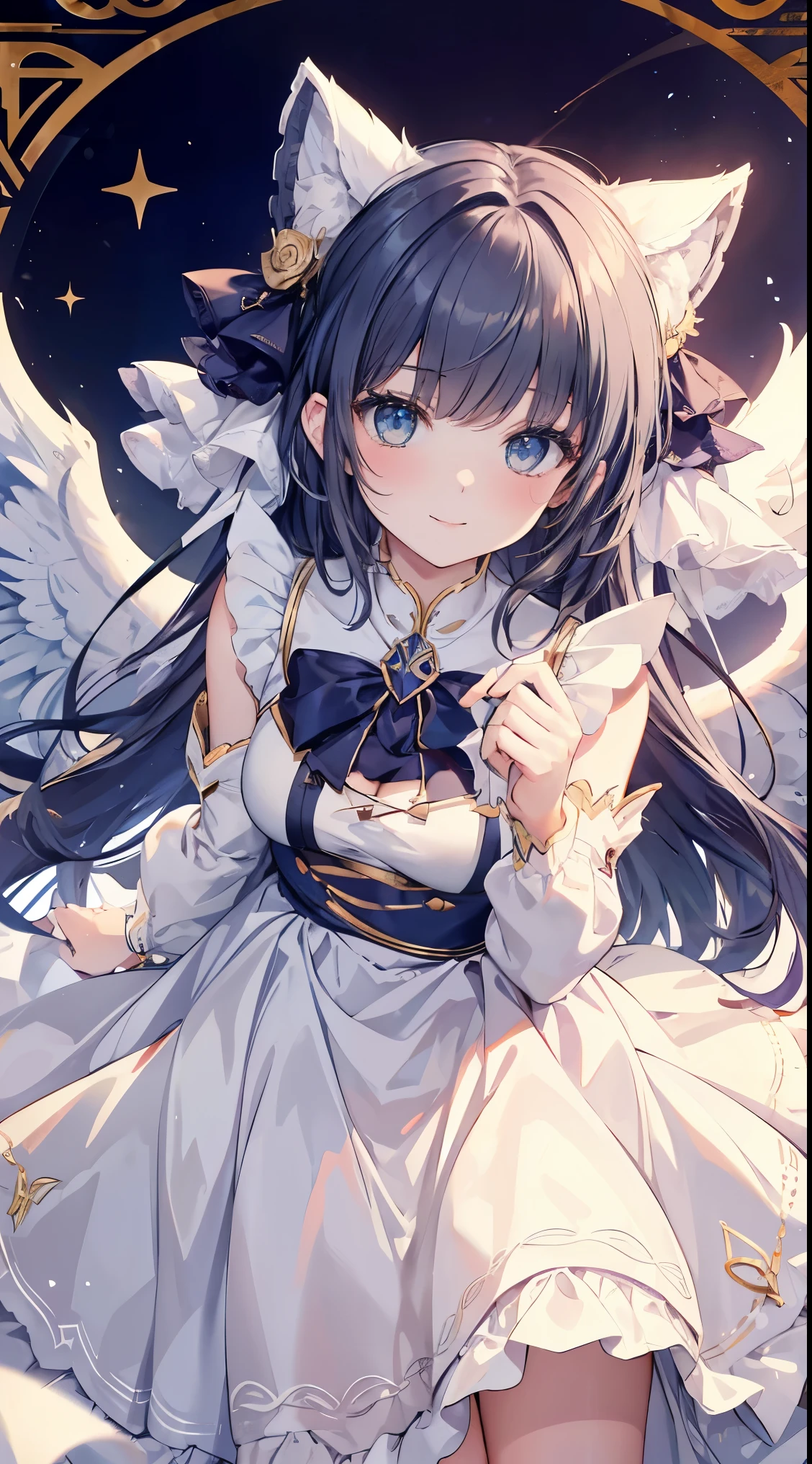 One girl, who,large angel wings on the back、Beautiful magic circle、 cat smile, Cat ears, 8K quality, highest quality, Long Hair, Beautiful background, 1920x1080 resolution, Beautiful Face,
