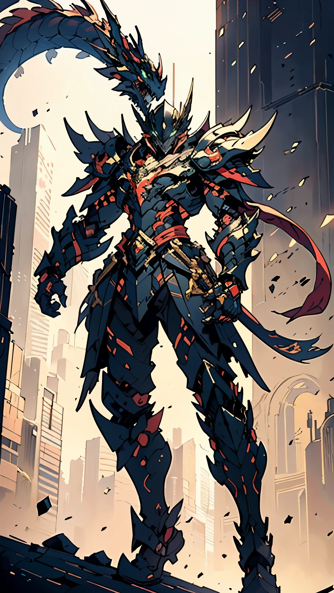 A man wearing a full-face helmet, a fantasy-style biomecha armored combat suit, green eyes, a composite layered chest armor, fully enclosed shoulder guards, matching arm and leg guards, the belt is adorned with dragon claw grasping orbs, primarily black with red accents, the design balances heavy with agility, a high-tech biological armor, (concept inspired by dragons, stand on the top of a skyscraper in a futuristic sci-fi city), this character embodies a finely crafted fantasy-surreal style armored hero in anime style, exquisite and mature manga art style, ((male:1.5, element, plasma, energy, the armor glows)), metallic, real texture material, dramatic, high definition, best quality, highres, ultra-detailed, ultra-fine painting, extremely delicate, professional, perfect body proportions, golden ratio, anatomically correct, symmetrical face, extremely detailed eyes and face, high quality eyes, creativity, RAW photo, UHD, 32k, Natural light, cinematic lighting, masterpiece-anatomy-perfect, masterpiece:1.5