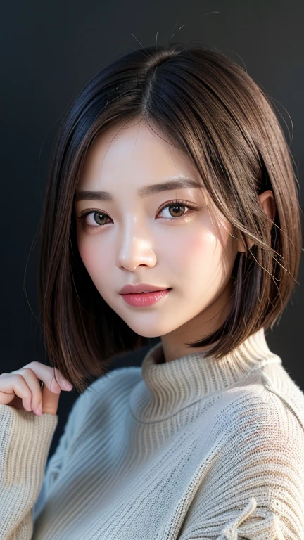 (((Close-up of face)))、(((Absolutely shoulder-length brown straight short bob)))、(((She is posing like a hair salon model, with a black wall indoors as the background.)))、(((Casual black winter long sleeves with shoulders covered)))、Half Japanese, half Korean、18 year old girl、Standing Alone、Looking forward、Light eye makeup、Brown Hair Color、Flat and 、Hair blowing in the wind、Actress Quality、Glossy, ultra-realistic face、Smiling face、Watery eyes、Gazing Up、Subtle lighting effects、 Ultra-Realistic Capture、Very detailed、High resolution 16K close up of human skin。Skin texture must be natural、The details must be such that pores can be clearly seen、The skin is healthy、Uniform tone、Use natural light and colors、A worn-out, high-quality photo taken by a model agency&#39;s in-house photographer.、smile、(((SIGMA 300 mm F/1.4,1/1000 sec shutter,ISO 400))) 