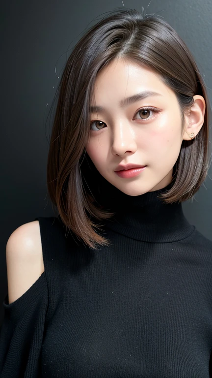 (((Close-up of face)))、(((Absolutely shoulder-length brown straight short bob)))、(((She is posing like a hair salon model, with a black wall indoors as the background.)))、(((Casual black winter long sleeves with shoulders covered)))、Half Japanese, half Korean、18 year old girl、Standing Alone、Looking forward、Light eye makeup、Brown Hair Color、Flat and 、Hair blowing in the wind、Actress Quality、Glossy, ultra-realistic face、Smiling face、Watery eyes、Gazing Up、Subtle lighting effects、 Ultra-Realistic Capture、Very detailed、High resolution 16K close up of human skin。Skin texture must be natural、The details must be such that pores can be clearly seen、The skin is healthy、Uniform tone、Use natural light and colors、A worn-out, high-quality photo taken by a model agency&#39;s in-house photographer.、smile、(((SIGMA 300 mm F/1.4,1/1000 sec shutter,ISO 400))) 