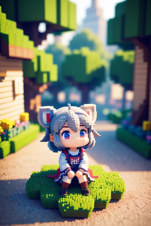 voxels,(3d big pixel art),(3d pixel art),large pixels,solo,1female\(chibi,cute,kawaii, 8,small hair,hair floating,twin tails hair,white skin,tunned skin,ripped clothes,big gray printed shirts,red eyes,big eyes,mouse ear,breast,smirk,sitting\),(3d pixel art),(3d pixel art),(3d pixel art),background\(simple,cute\)