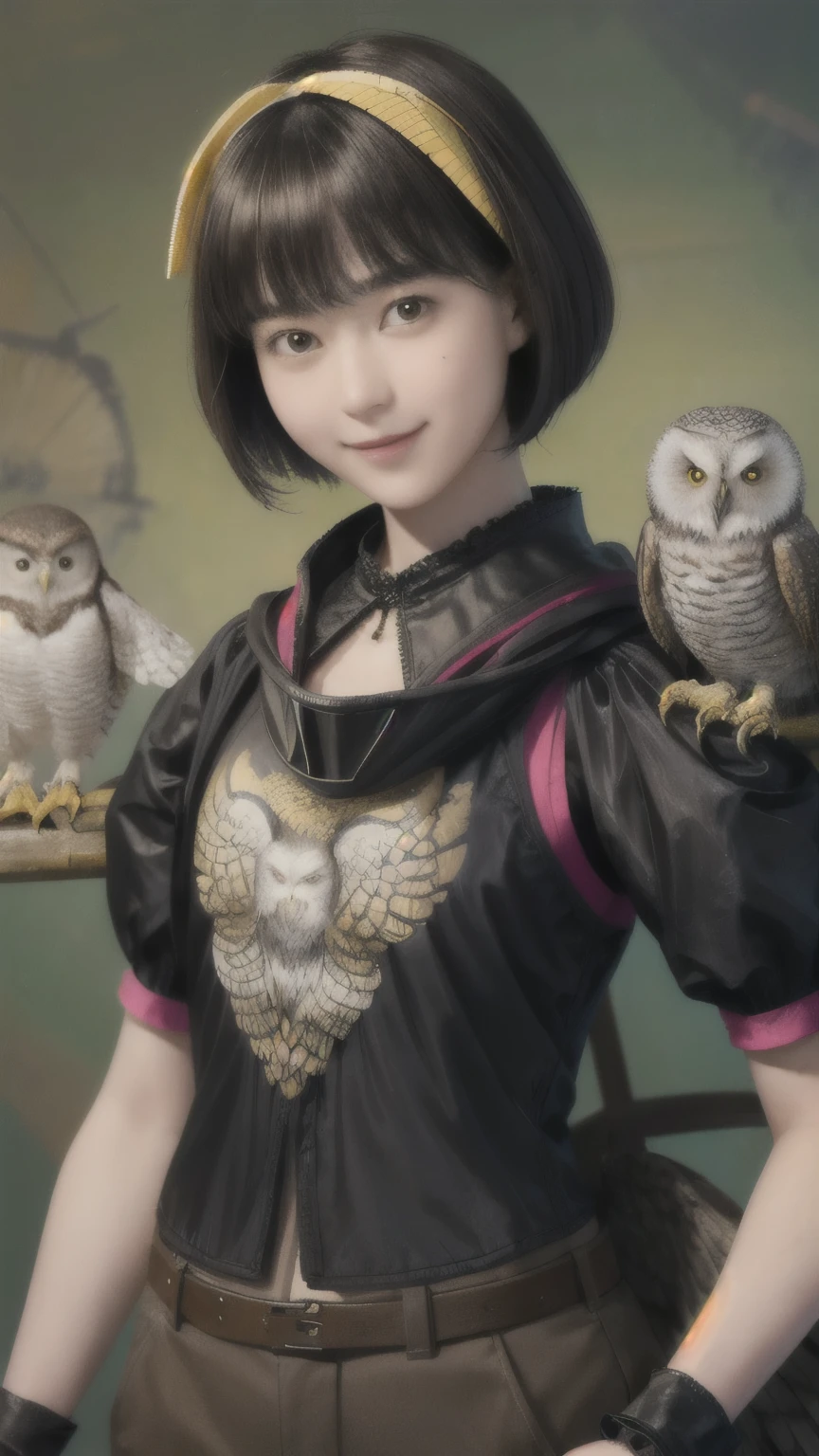 224 Short Hair, 20-year-old woman, A kind smile, (There are also colorful owls), (Rembrandt-style painting), ((machinery suit,Clothes with short sleeves)),I can see your abs