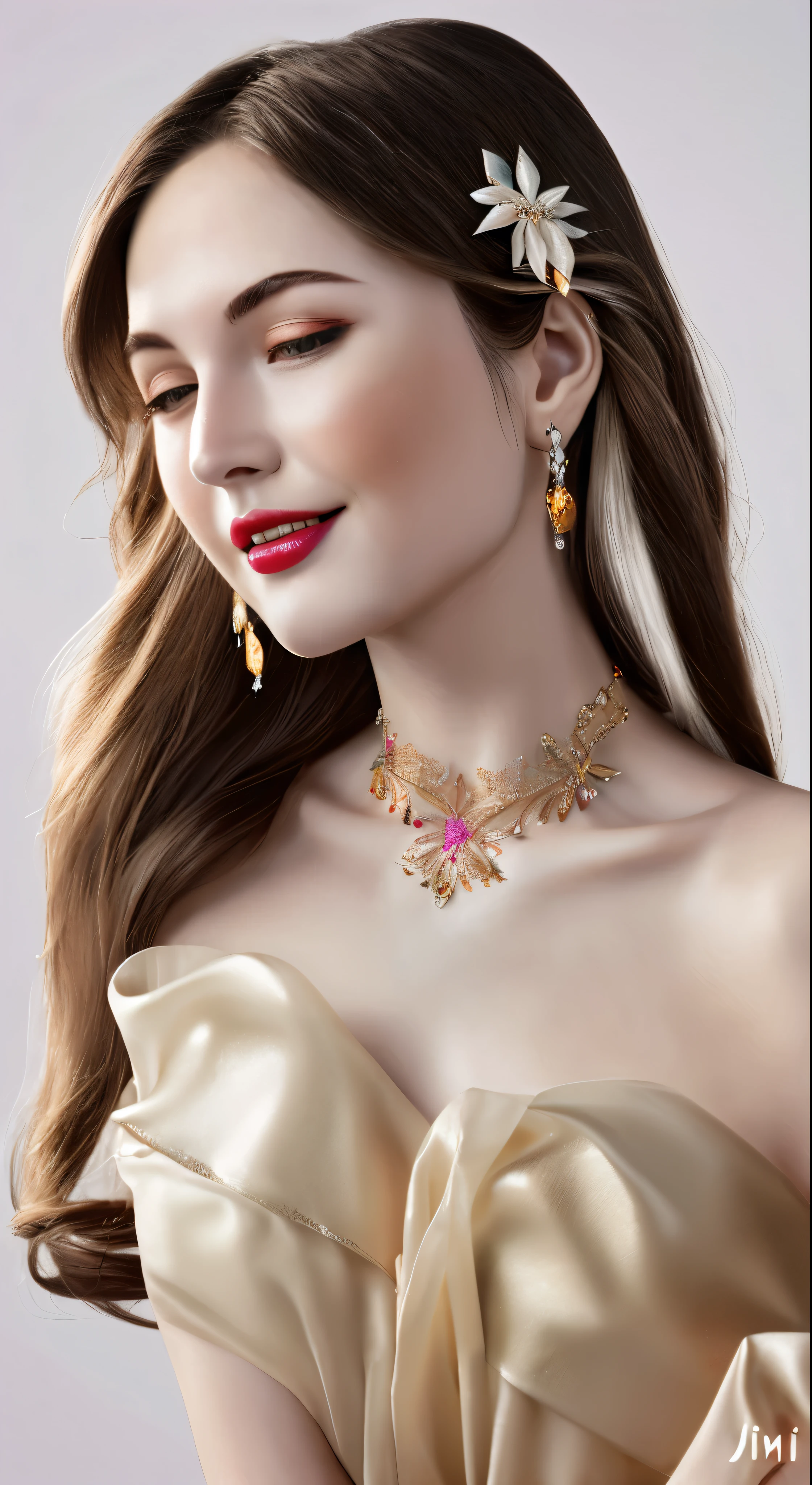 最high quality, masterpiece, High resolution, One girl, transparent silk china dress, Beautiful Face, hair ornaments, View your viewers, smile, Mouth closed,lips, dress,hair ornaments, necklace, jewelry, Long Hair, Earrings, Beautiful Face,On top of that_body, Tyndall effect,Realistic, Dark Studio, Rim Light, Two-tone lighting,(Skin with attention to detail:1.2), 8K Ultra HD, Digital SLR, Soft lighting, high quality, Volumetric lighting, Frank, photograph, High resolution, 4K, 8k, Bokeh
