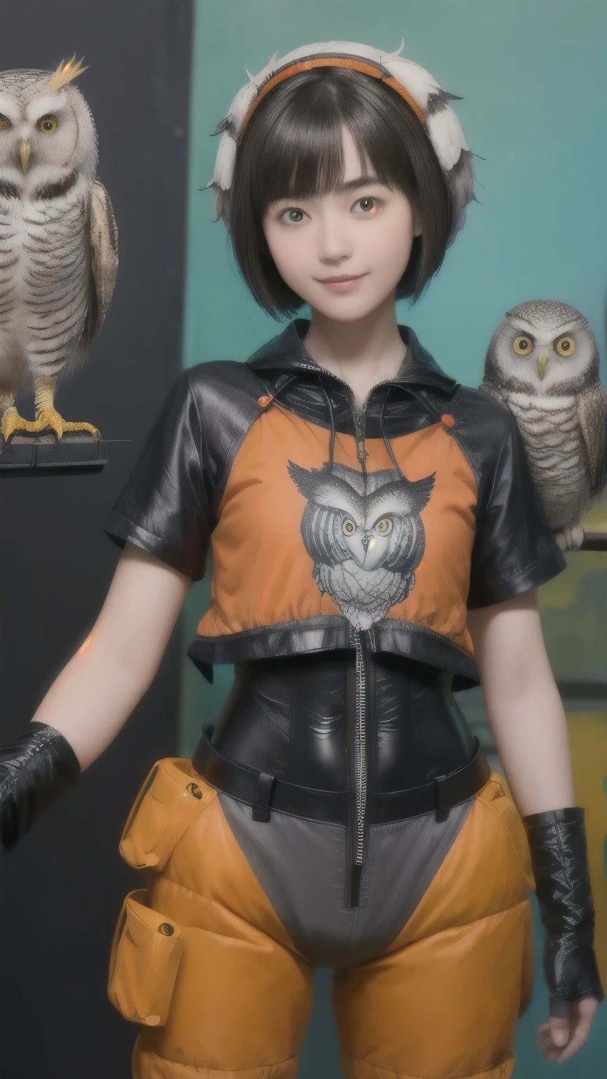 224 Short Hair, 20-year-old woman, A kind smile, (There are also colorful owls), (Rembrandt-style painting), ((machinery suit,Clothes with short sleeves)),I can see your abs