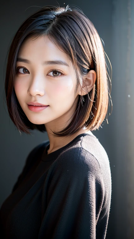 (((Close-up of face)))、(((Absolutely shoulder-length brown straight short bob)))、(((She is posing like a hair salon model, with a black wall indoors as the background.)))、(((Casual black winter long sleeves with shoulders covered)))、Half Japanese, half Korean、18 year old girl、Standing Alone、Looking forward、Light eye makeup、Brown Hair Color、Flat and 、Hair blowing in the wind、Actress Quality、Glossy, ultra-realistic face、Smiling face、Watery eyes、Gazing Up、Subtle lighting effects、 Ultra-Realistic Capture、Very detailed、High resolution 16K close up of human skin。Skin texture must be natural、The details must be such that pores can be clearly seen、The skin is healthy、Uniform tone、Use natural light and colors、A worn-out, high-quality photo taken by a model agency&#39;s in-house photographer.、smile、(((SIGMA 300 mm F/1.4,1/1000 sec shutter,ISO 400))) 