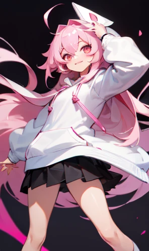 (masterpiece), (highest quality), (shiny skin), 1 girl, white hoodie, BLACK skirt, pink hair, long hair, straight hair, Princess hairstyle, Ahoge, pink eyes, ,white long knee socks,Smile,