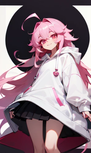 (masterpiece), (highest quality), (shiny skin), 1 girl, white hoodie, BLACK skirt, pink hair, long hair, straight hair, Princess hairstyle, Ahoge, pink eyes, ,white long knee socks,Smile,