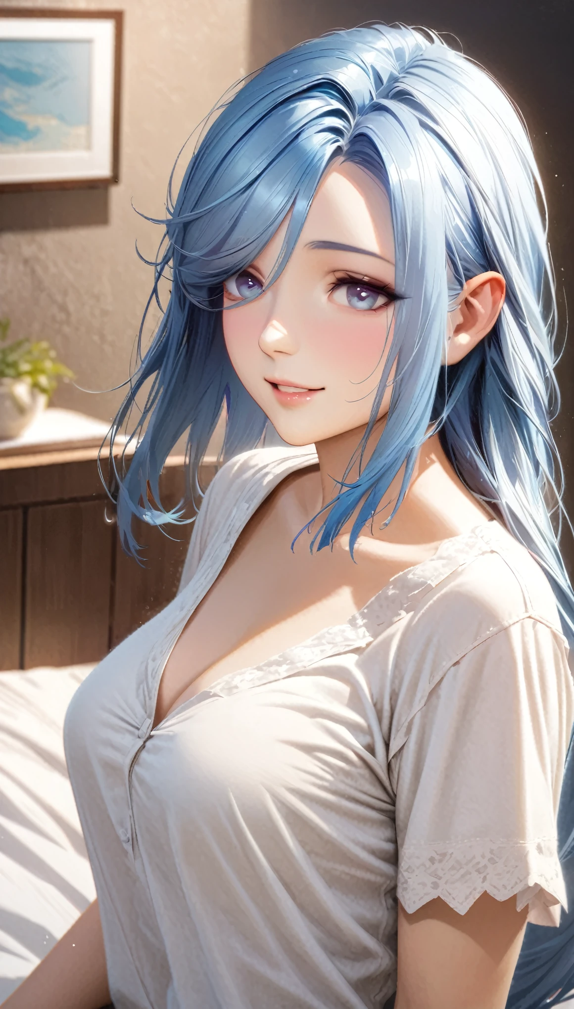 shenhe,((blue hair)), elf,beautiful face,smiling, fit body, moderate breast,sitting on a bed,wearing white pajama,illustration,detailed textures,ultra-detailed(realistic),portrait style,vivid colors,soft lighting.