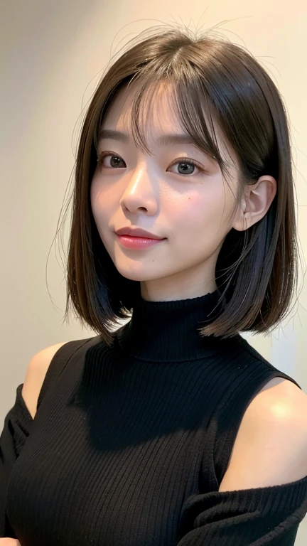 (((Close-up of face)))、(((Absolutely shoulder-length brown straight short bob)))、(((She is posing like a hair salon model, with a black wall indoors as the background.)))、(((Casual black winter long sleeves with shoulders covered)))、Half Japanese, half Korean、18 year old girl、Standing Alone、Looking forward、Light eye makeup、Brown Hair Color、Flat and 、Hair blowing in the wind、Actress Quality、Glossy, ultra-realistic face、Smiling face、Watery eyes、Gazing Up、Subtle lighting effects、 Ultra-Realistic Capture、Very detailed、High resolution 16K close up of human skin。Skin texture must be natural、The details must be such that pores can be clearly seen、The skin is healthy、Uniform tone、Use natural light and colors、A worn-out, high-quality photo taken by a model agency's in-house photographer.、smile、(((SIGMA 300 mm F/1.4,1/1000 sec shutter,ISO 400)))