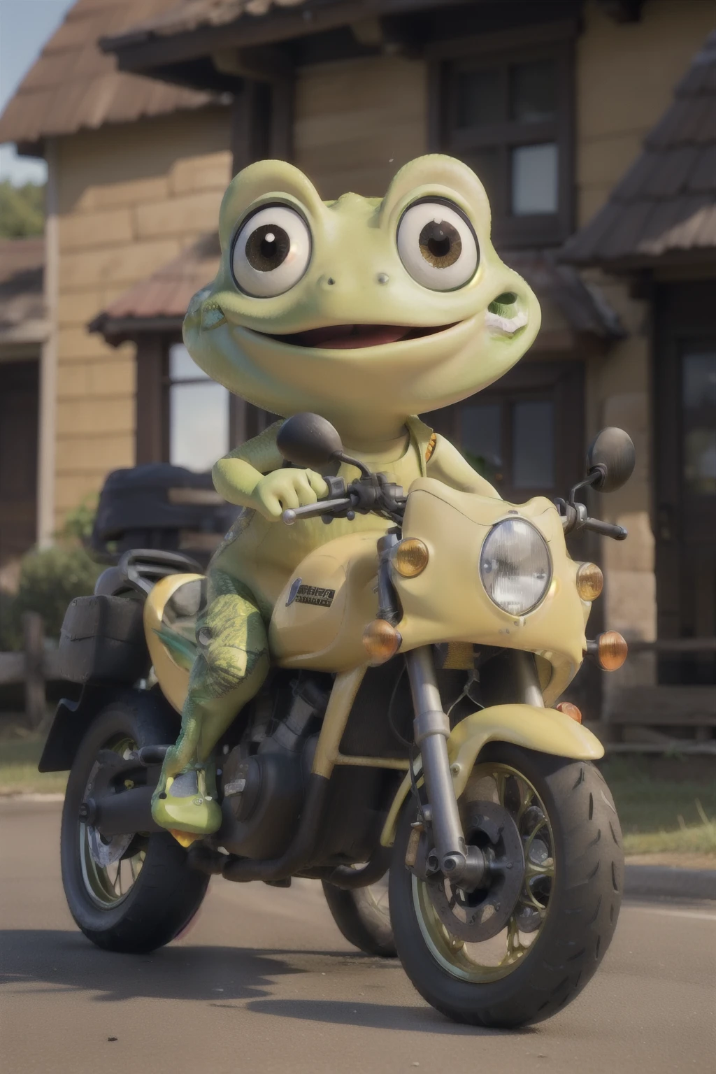 Little frog drives a yellow motorcycle.