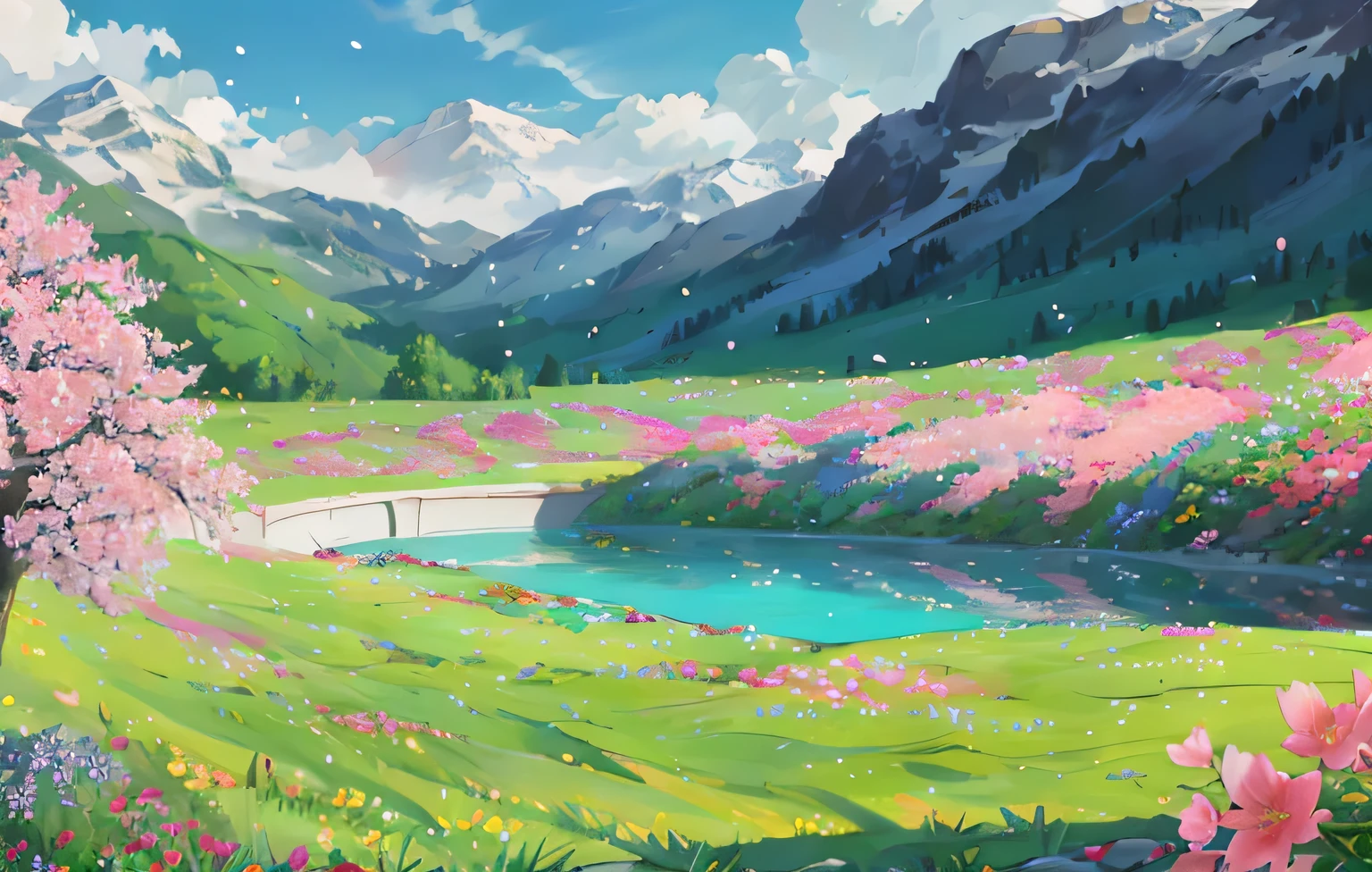 Castle School,white gold color, luxurious, surrounded by flowers, Fantasy , The hair fell out a little., elegantly , village , Distant view , Beautiful trees , with a fountain