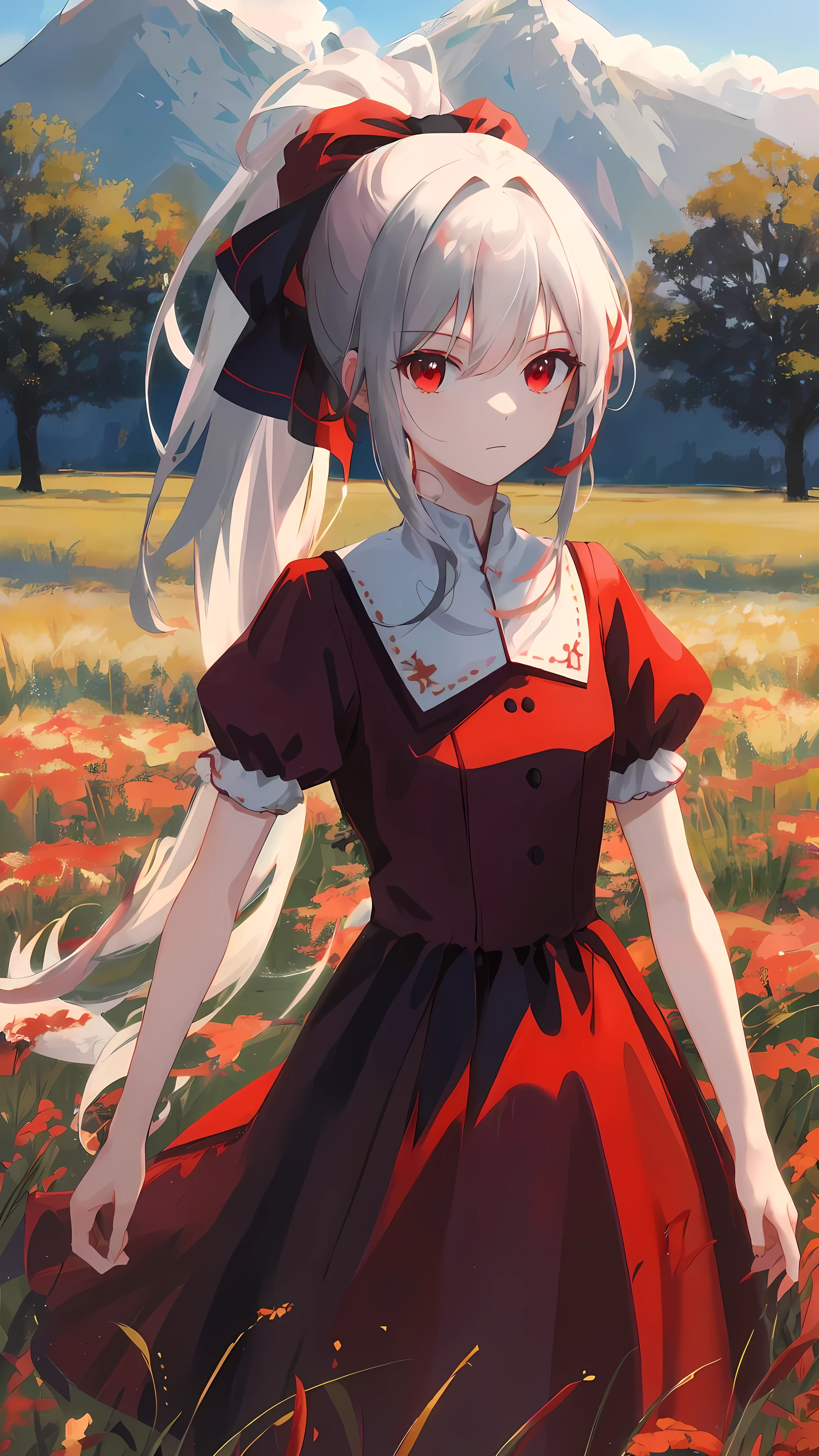 surreal, masterpiece, 4k, best quality, anime girl, long hair, sliver hair, (ponytail:1), red eye, red dress, she standing in the field, natural