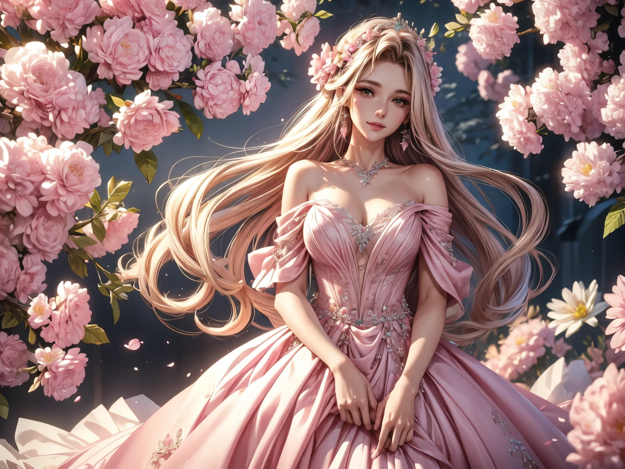 (best quality, 8K, masterpiece:1.2), Octane Render, pink fashion, elegant dress, pink long hair, beautiful woman, pretty eyes, gentle smile, flower hair ornament, surrounded by flowers