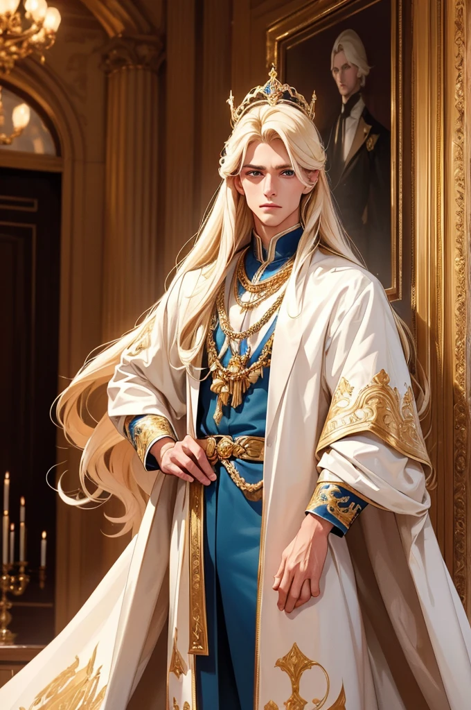 A tall, handsome, statuesque, courageous young man is platinum blonde, he has tanned skin, long straight platinum hair, blue eyes, he is a king, dressed in luxurious royal clothes, he stands in the middle of the throne room and puts a amazing crown on the head of an incredibly beautiful young fatal golden-haired blonde, with long golden hair, she is dressed in a luxurious, chic royal dress. They are in love, happy. Masterpiece, detailed study of the face, beautiful face, beautiful facial features, perfect image, realistic shots, detailed study of faces, full-length image, 8k, detailed image. an extremely detailed illustration, a real masterpiece of the highest quality, with careful drawing.