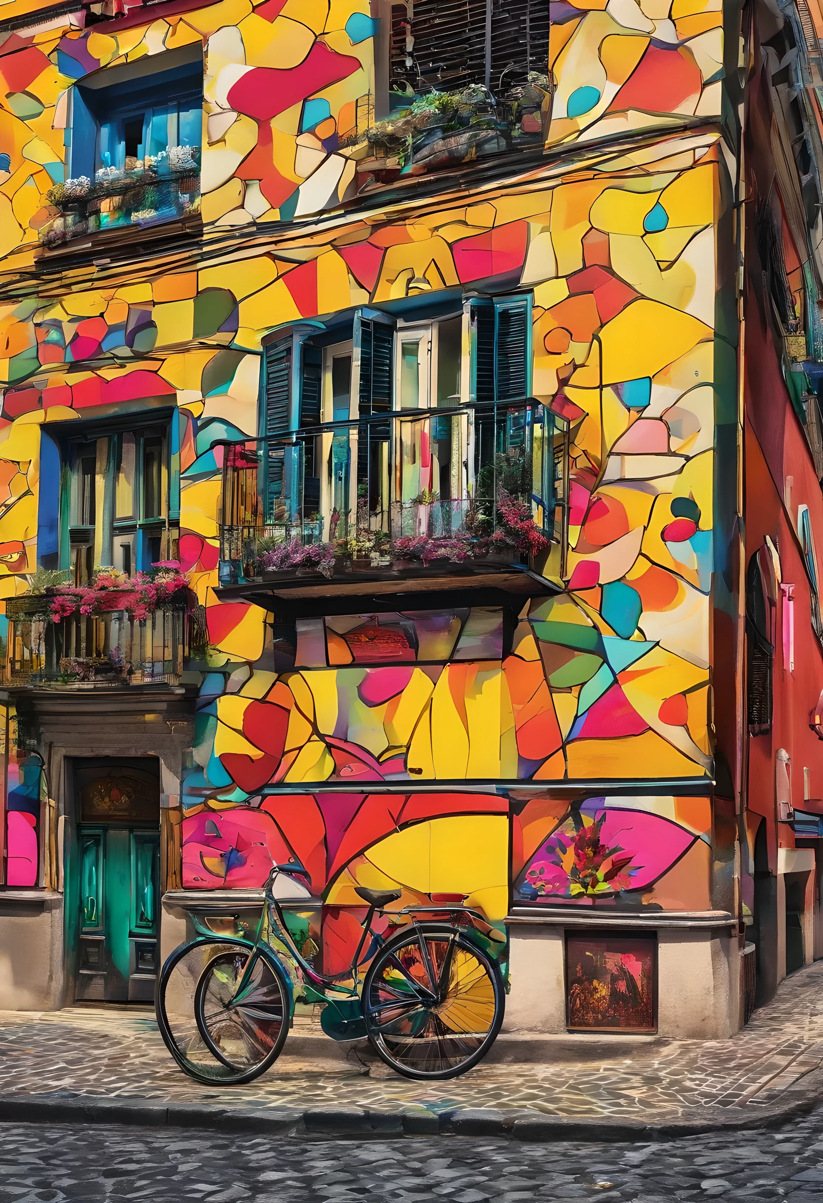 Charming cobblestone streets,Lined with quirky shops and cafes, Each façade of the building is painted with extravagant and vibrant murals,Cenas que retratam o folclore e a cultura local, Joy and artistic energy radiate from every corner, mixed media collage, Fotografia combinada com pintura digital
